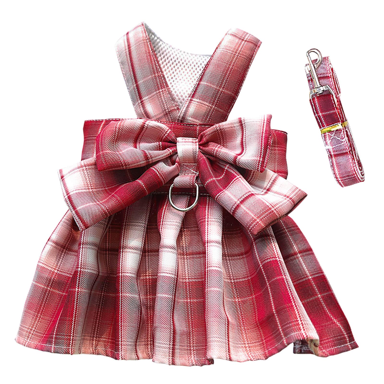 Vestito per Cane Cucciolo Fiocco Lusso Principessa Gonna a Quadri Abbigliamento Pettorina e Guinzaglio Gonna Tutu Vestito per Cane Piccolo Femmina