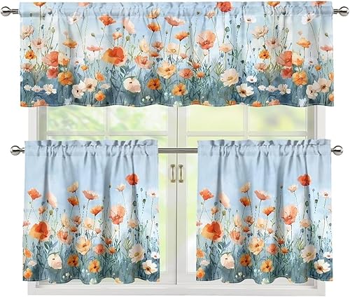 Miniatura 19 de Cortinas de Cocina con Colibríes y Flores, Cortinas de Ventana con Cenefa y Niveles Juego de 3, Cortinas Cortas con Bolsillo para Barra, Cortinas