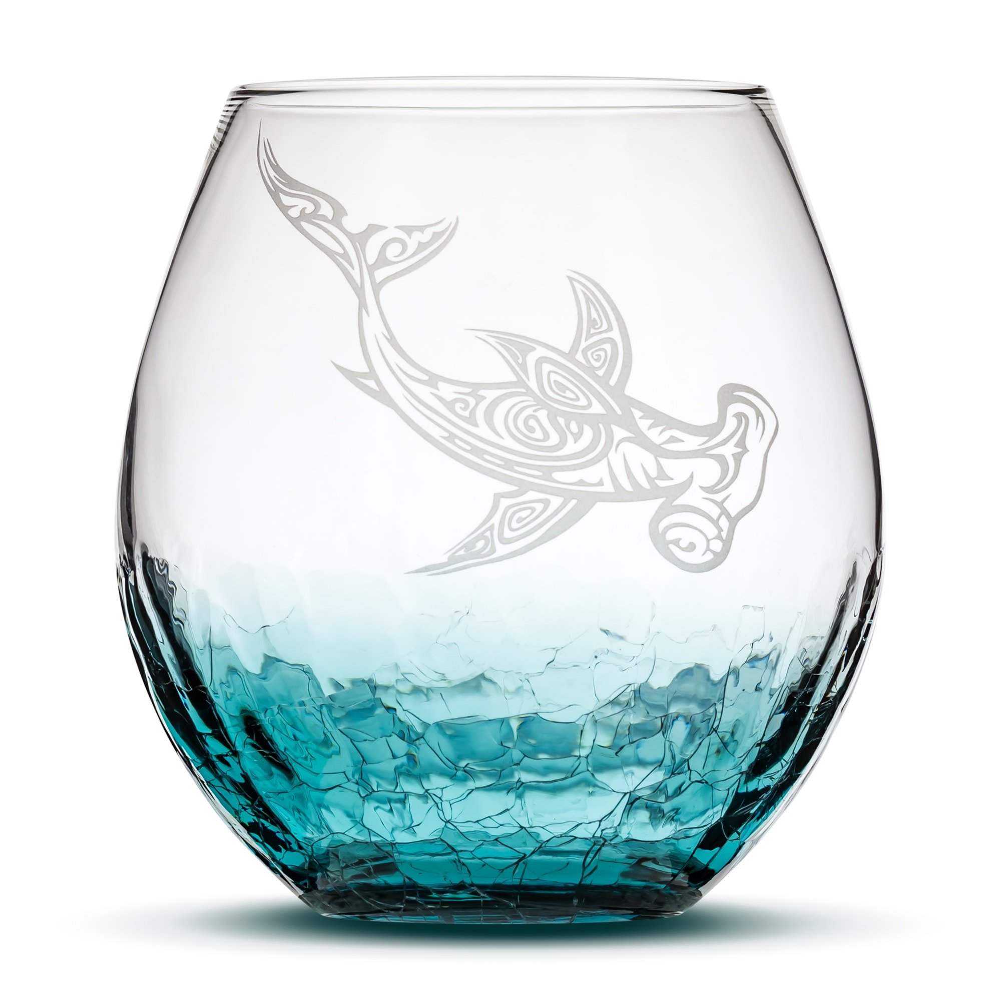 Integrity Bottles Tribal Hammerhead Shark Design Stemless Wine Glass, Handmade, Handblown, Hand Etched Gifts, Sand Carved, 18oz (Crackle Blue)