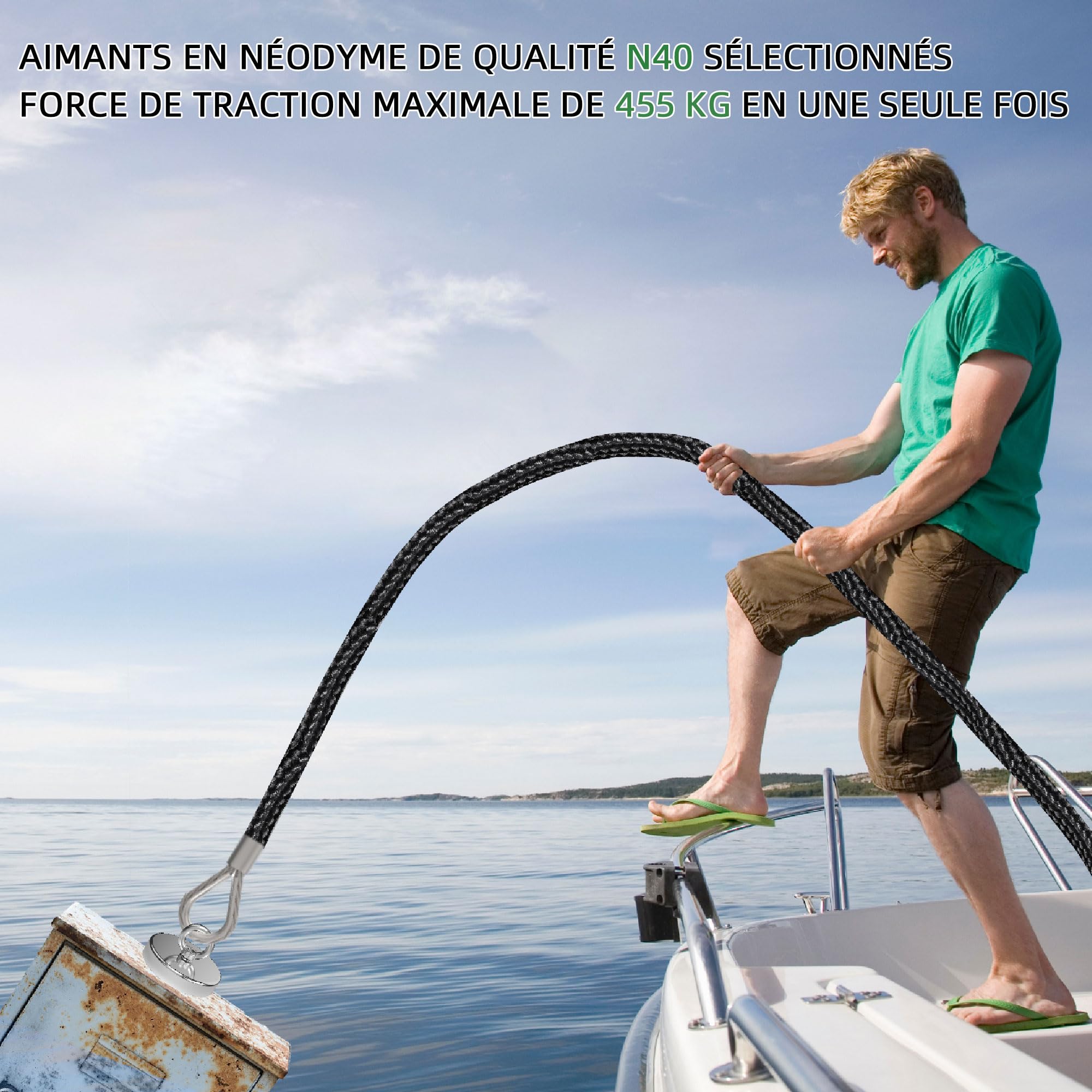Magnetpro aimant de pêche puissant en néodyme, force de traction supérieure à 455 kg, avec anneau de levage, diamètre 90 mm, pour la pêche magnétique, la chasse et la récupération en rivière