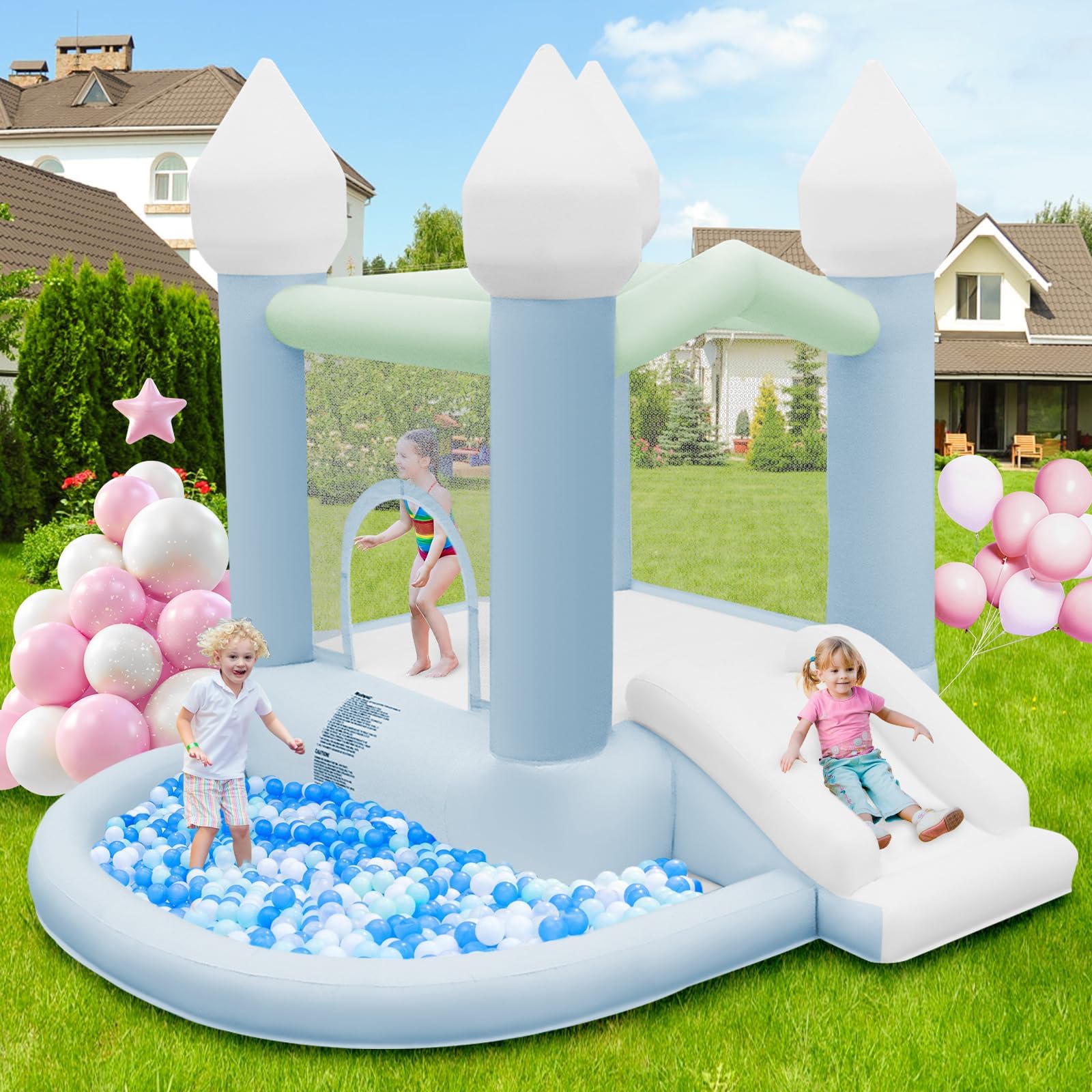 FBSPORT Castillo hinchable azul con piscina de bolas deslizante y trampolín, casa inflable con soplador de aire para niños pequeños, interiores y exteriores, jardín, parque, patio, fiesta, boda