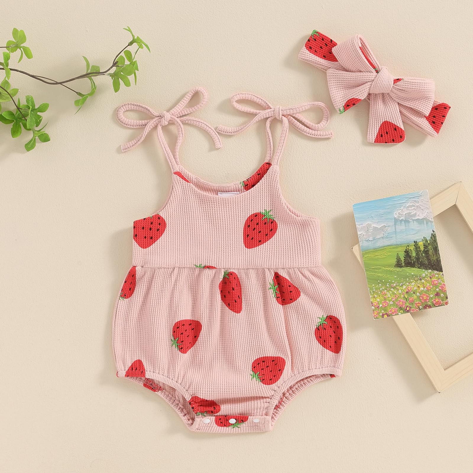 Kayotuas Newborn Infant Baby Girl Strap Sleeveless Romper Halter Floral Bodysuit Bubble One Piece Shorts Overalls Cute Outfit (Waffle Knit Pink Strawberry, 18-24 Months)