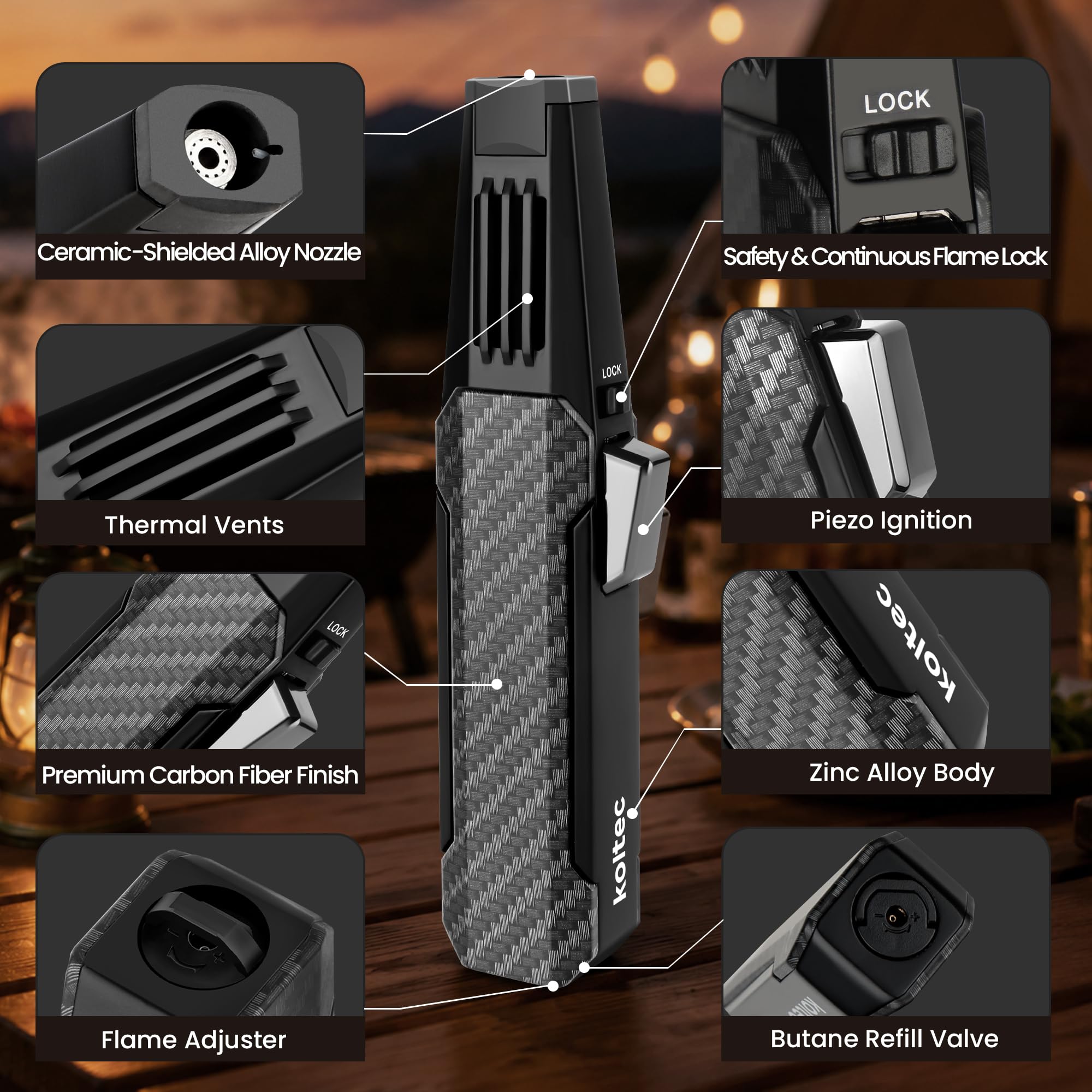 Encendedor de cocina, soplete de butano, recargable, ajustable, resistente al viento, cocina (gas no incluido) (negro)