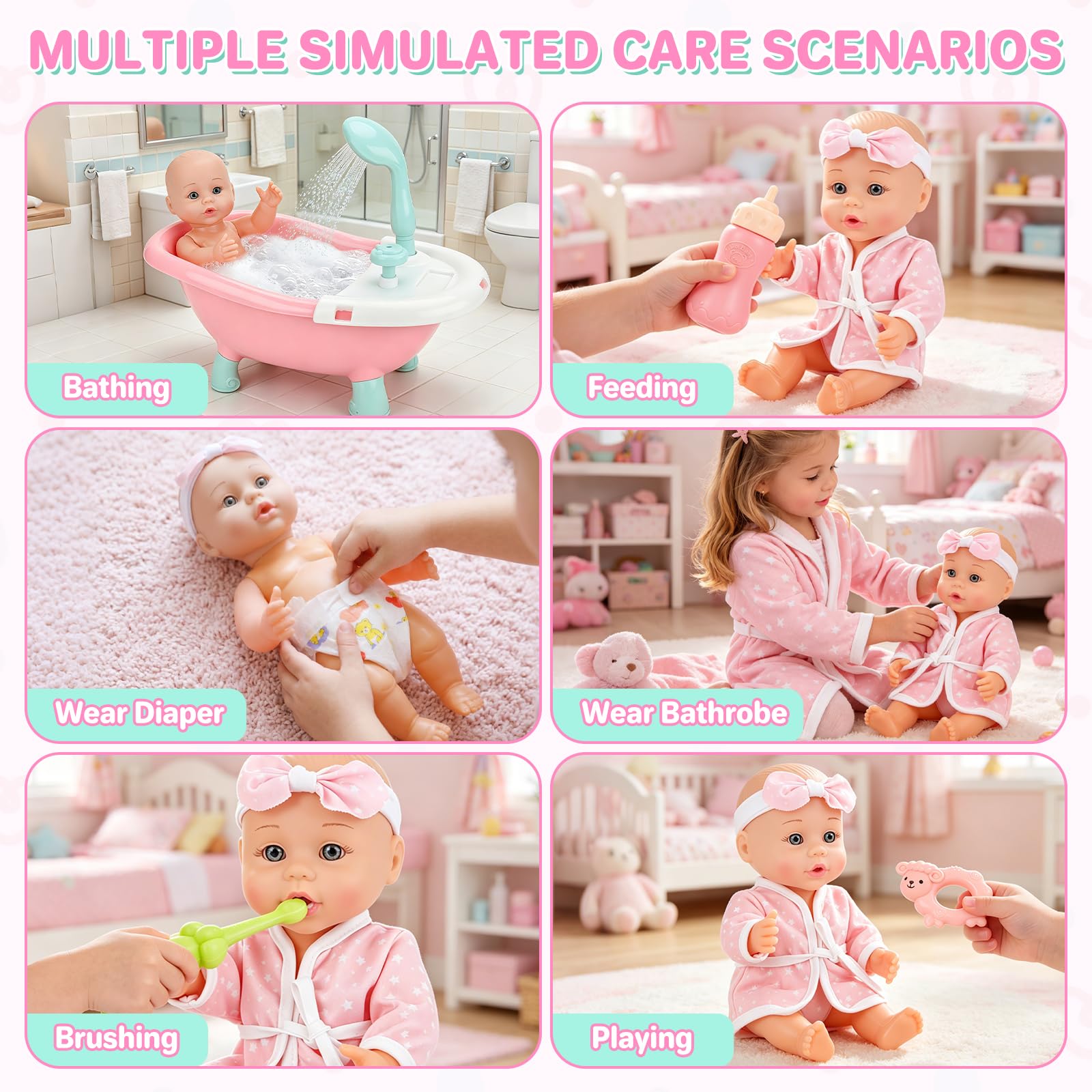 deAO Bambola con Vasca da Bagno, Vasca Doccia Funzionante | Set di Bagno Bambola, 30cm Bambolotto Bambina con Accessori Igiene e Vestiti, Regalo Compleanno Natale per Bambine 3+ Anni
