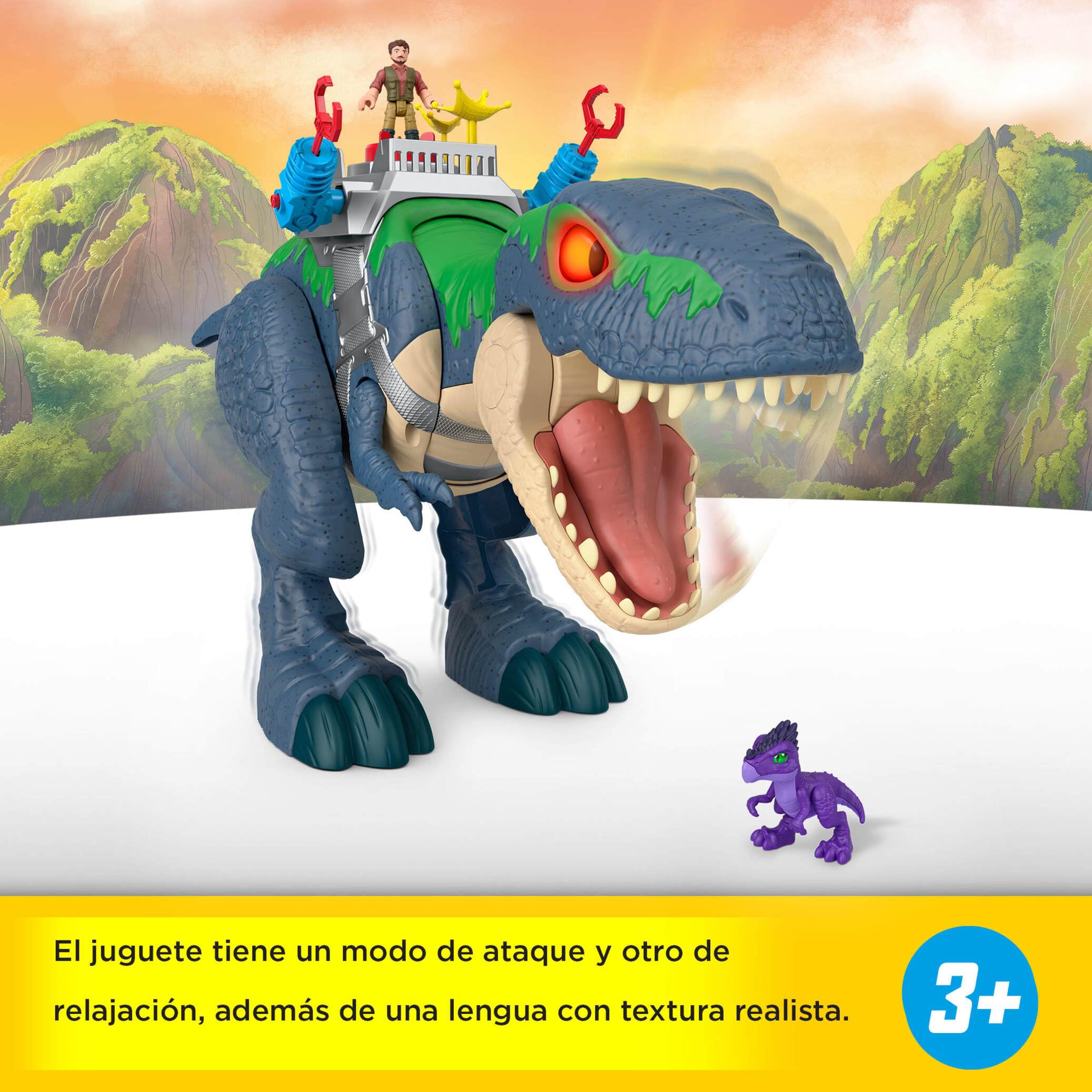 Fisher-Price Imaginext Jurassic World Rebirth Conjunto de juego T. Rex Mordiscos y acción, dinosaurio de juguete de 45,72cm con luces, sonidos, movimiento y 2 figuras de acción de 7,62cm, JGR40