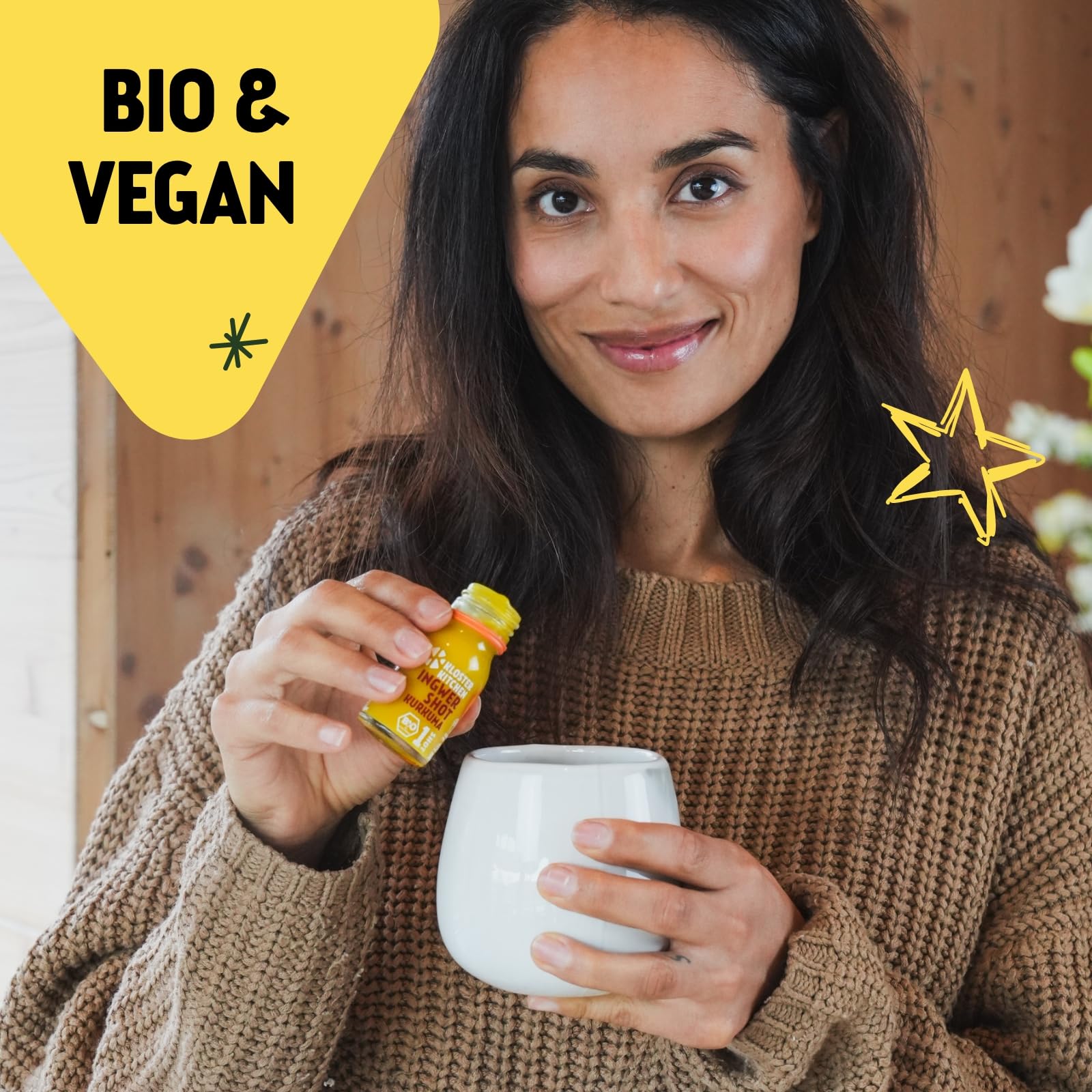 Kloster Kitchen Mezcla de jengibre orgánico 14 botellas 30 ml con trozos de jengibre vidrio vegano