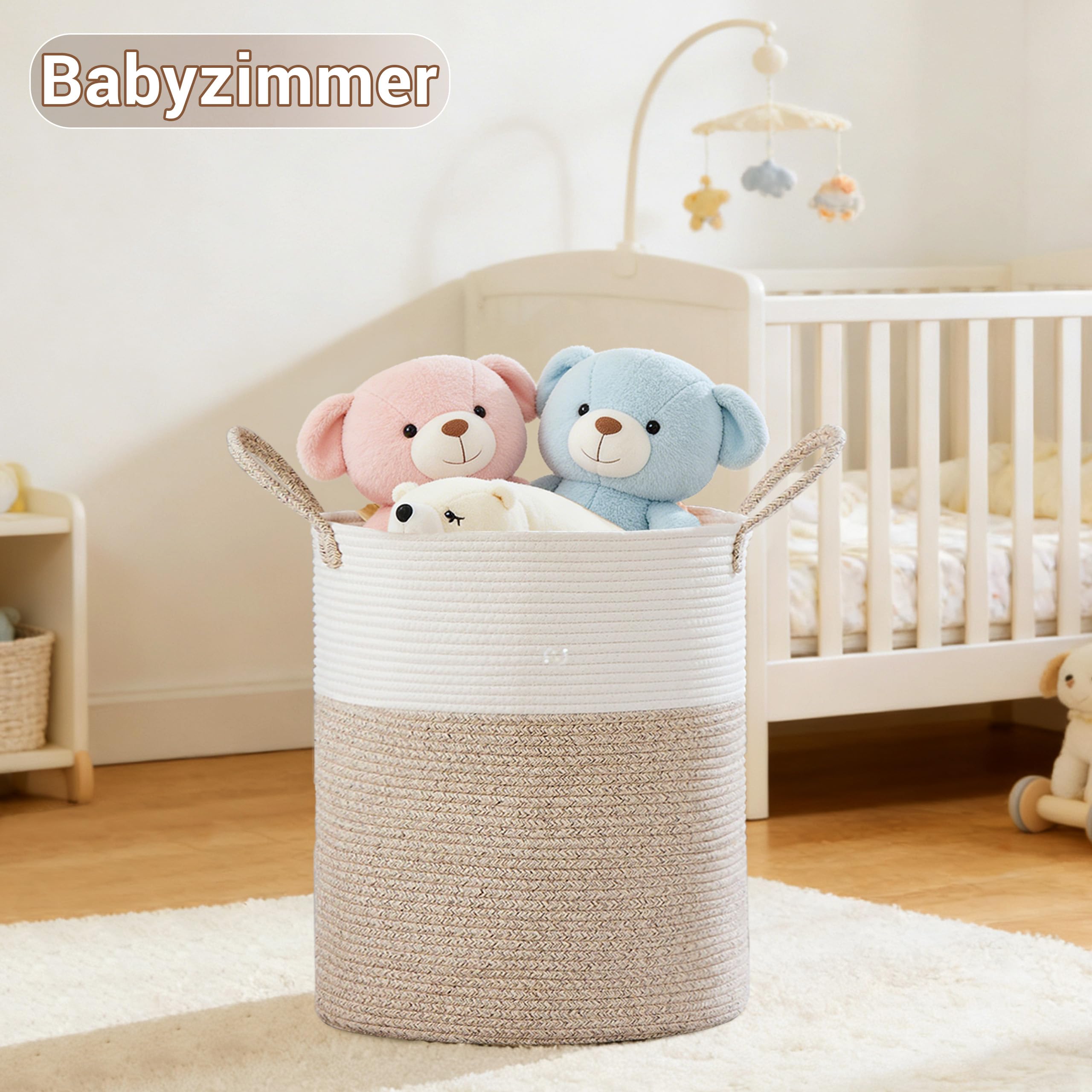 Wäschekorb,Aufbewahrungskorb,Geflochten Korb,100L Groß xxl Rund Wäschesammler mit Baumwoll Henkel für Kinderzimmer,Korb für Decken und Spielzeug für Wohnzimmer oder Waschraum,Braun & Weiß