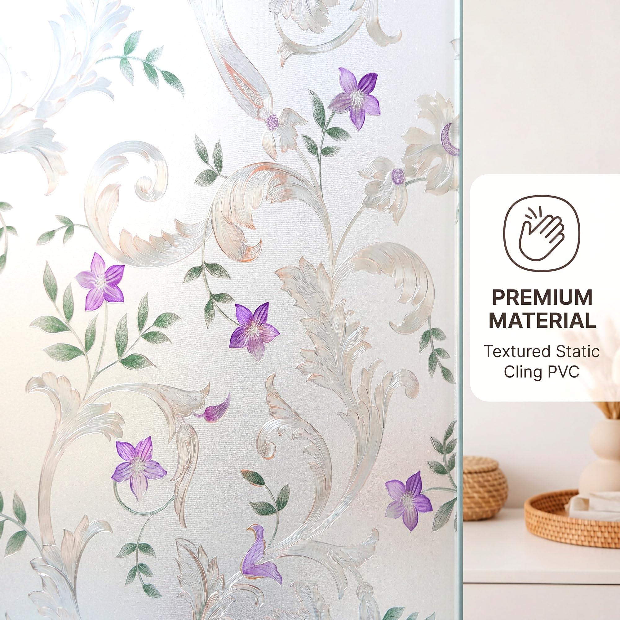 Dekorative Fensterfolie, geätztes Blumenmuster, Privatsphäre, Türfolie, statische Haftfolie, kein Kleber, Buntglas, Anti-UV-Fensterpapier für Badezimmer, Büro, Schlafzimmer, 88.9 x 398.8 cm