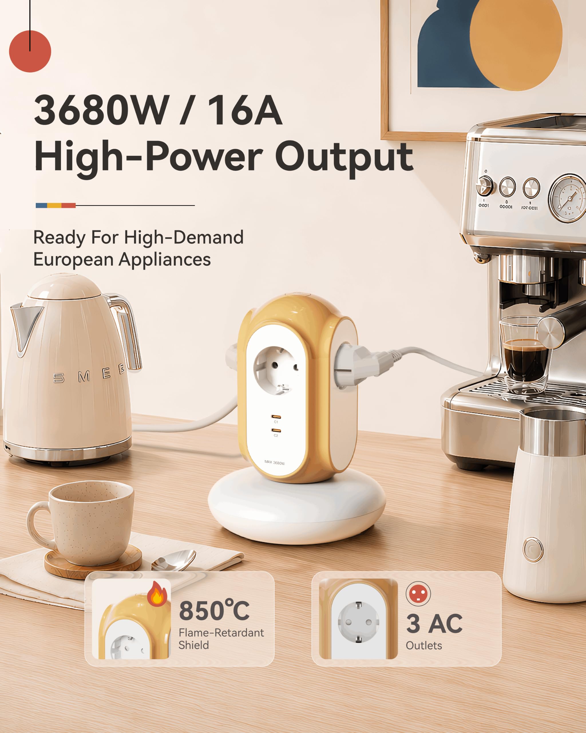 MiaoLab Listwa zasilająca z 3 gniazdami wtykowymi i 2 USB-C (szybkie ładowanie 30 W), 3680 W/16 A, ochrona przed przepięciem 1420J, podstawa 479 g, przedłużacz 2 m, zabezpieczenie przed przeciążeniem