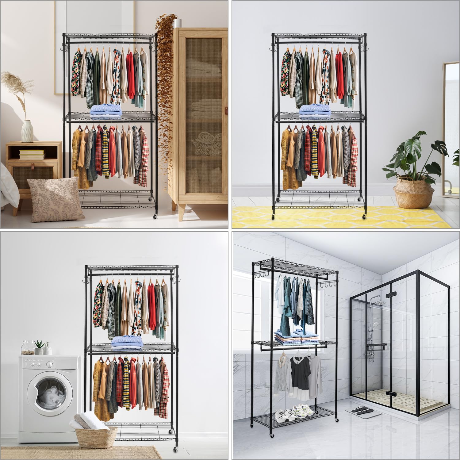 QWORK® Perchero resistente de doble barra con estantes ajustables, ruedas bloqueables y ganchos, 90 x 43.5 x 180 cm