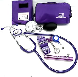 Aneroid Blood Pressure Sphygmomanometer Monitor, Stethoscope, Pen Light (Pen Torch), Tourniquet, Nurse Watch, Lanyard ID Card Holder - Starter Set (Purple with Butterfly Watch)