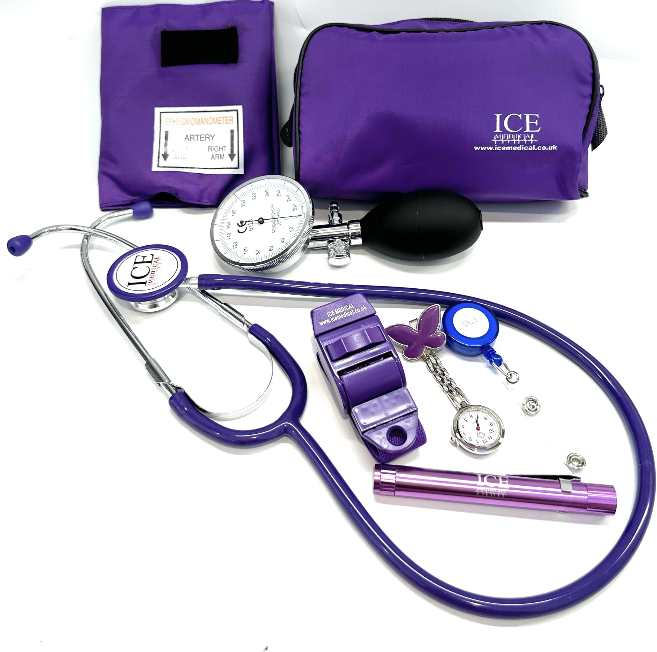 Aneroid Blood Pressure Sphygmomanometer Monitor, Stethoscope, Pen Light (Pen Torch), Tourniquet, Nurse Watch, Lanyard ID Card Holder - Starter Set (Purple with Butterfly Watch)