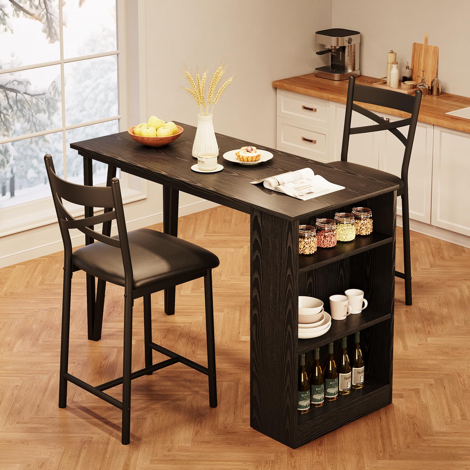 GarveeLife Set Mesa Bar Alta 1+2 Taburetes Estante Negro 120x50x91.5cm | MDF Hierro Tapizado Soft Negra 1 Mesa 2 Taburetes Estante Inferior Extensible Ahorro Espacio Cocina Salón Bar Moderno