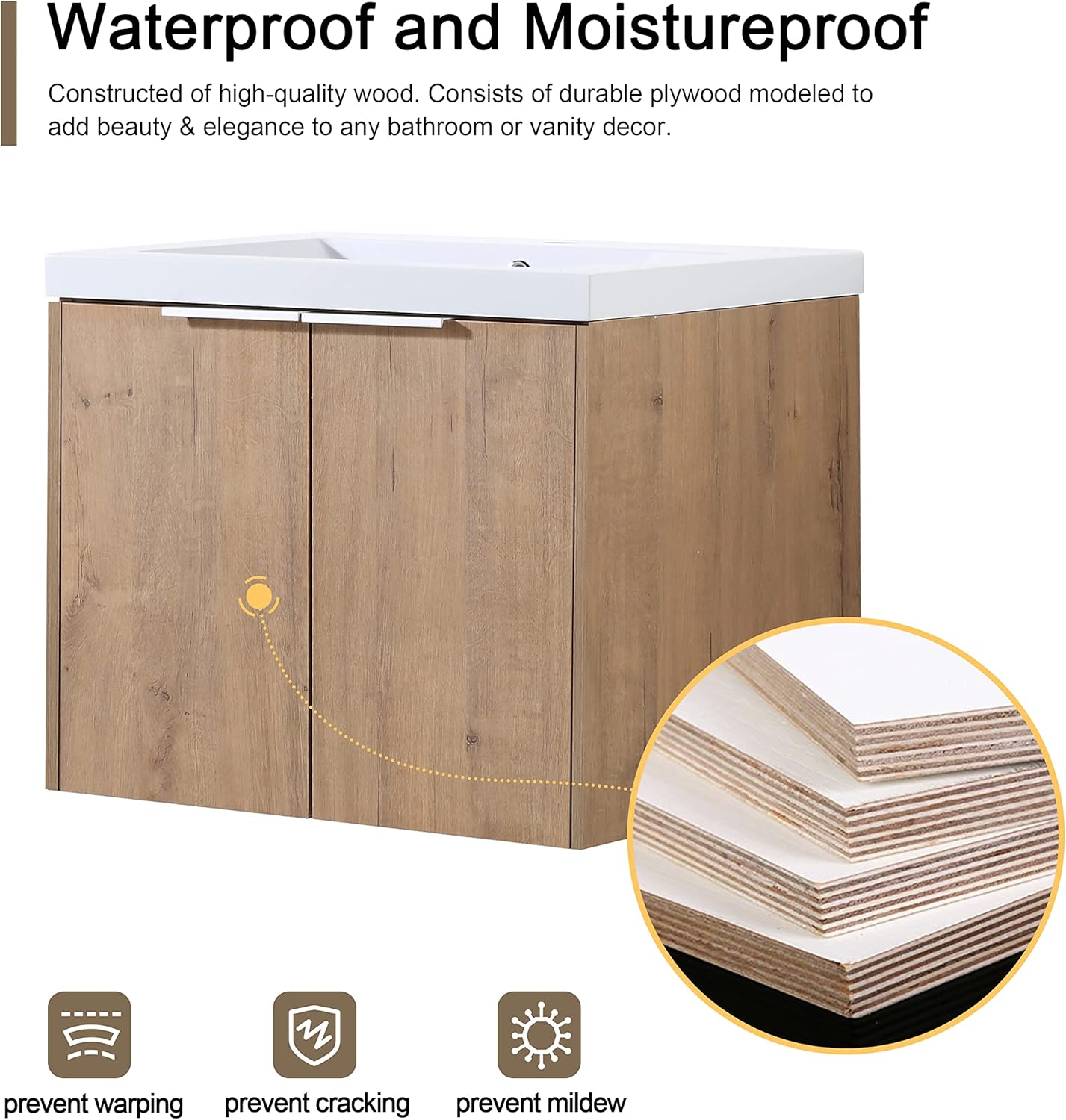 60 Inch Floating Vanity, 60" Bathroom Vanity with Sink, Double Sink Wall Mounted Vanity Combo, Modern Brown Bathroom Vanity Set with 4 Doors and White Basin Sink
