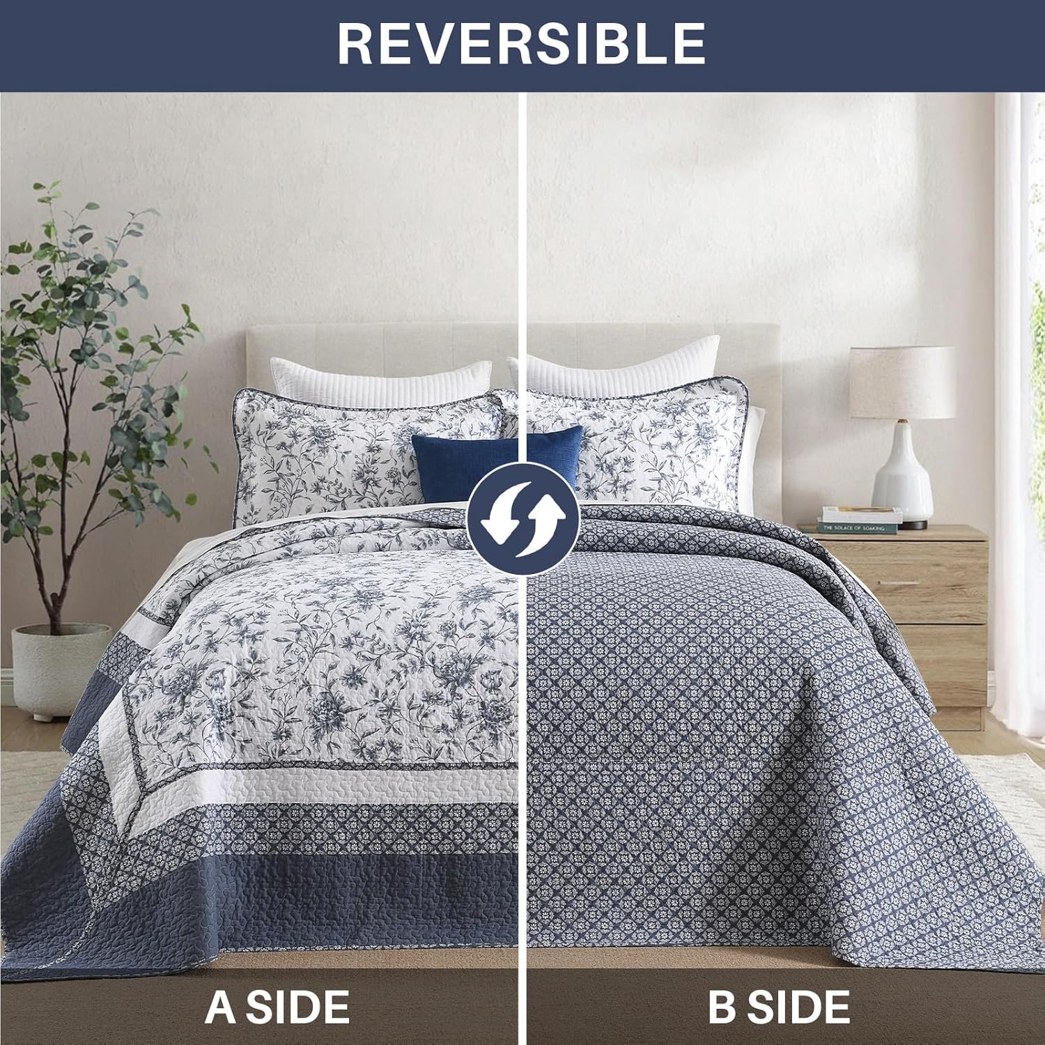 Oversized King Bedspreads 128x120 Extra Wide - Botanical Floral Farmhouse Reversible California King Quilt Set, 3-Piece Lightweight Thin Comforter, 100% Cotton, Cal King, Navy Blue/White - Image 2