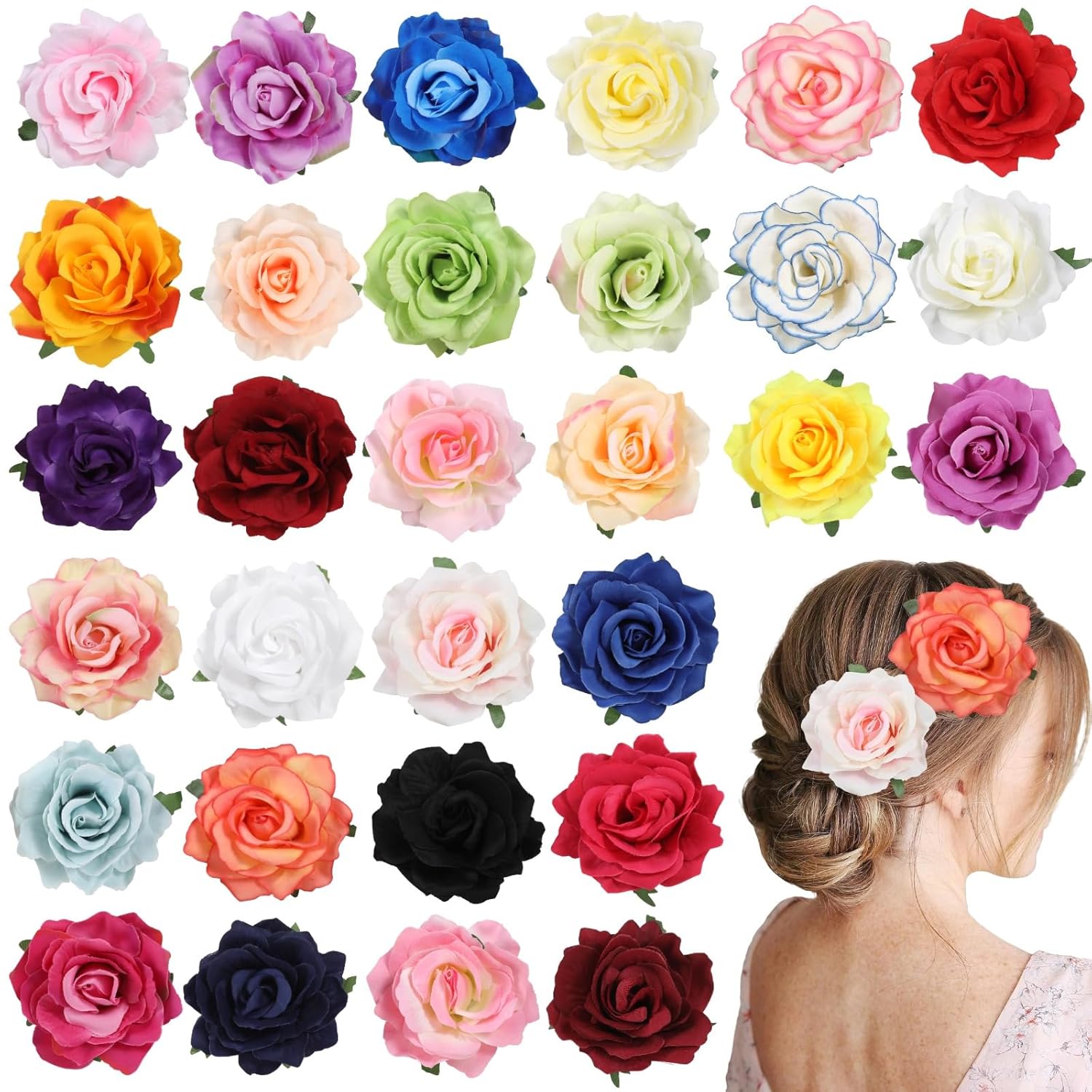 30 Pcs Flower Hair Clips, Artificial Rose Flower Hair Accessories, Multicolor Fabric Blooms with Hairpins & Brooches, Bridal Headpiece Accessories for Wedding Party