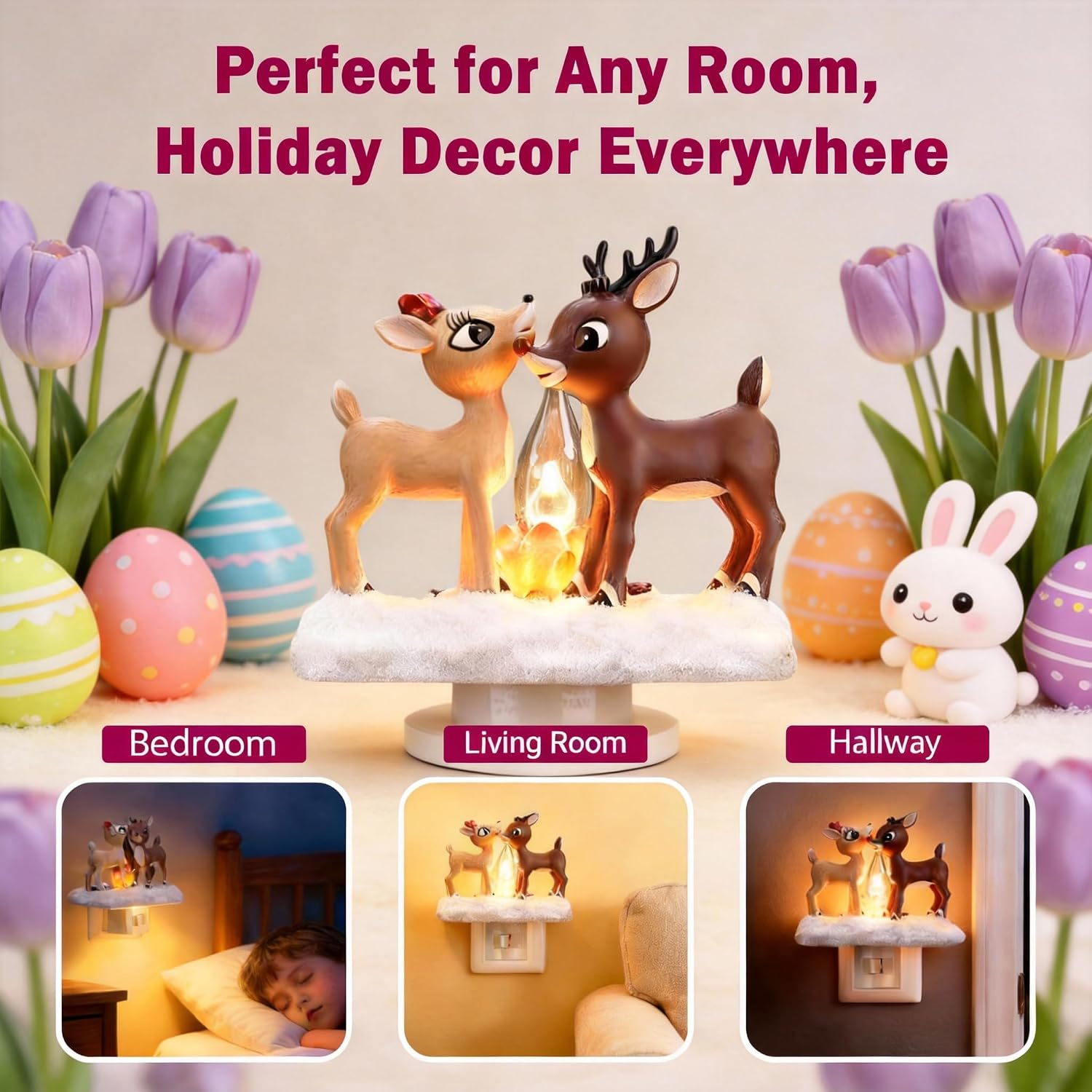 Christmas Reindeer Campfire Nightlight: LED Faux Campfire Lamp Christmas Decoration Flickering Flame for Bedroom Hallway Stairs Decorations Gift