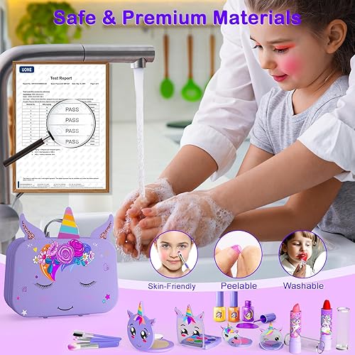 Miniatura 6 de Kit de maquillaje para niños para niña, 2 en 1, juguetes de maquillaje lavables para niños, kit de arte de uñas con estuche cosmético de unicornio,