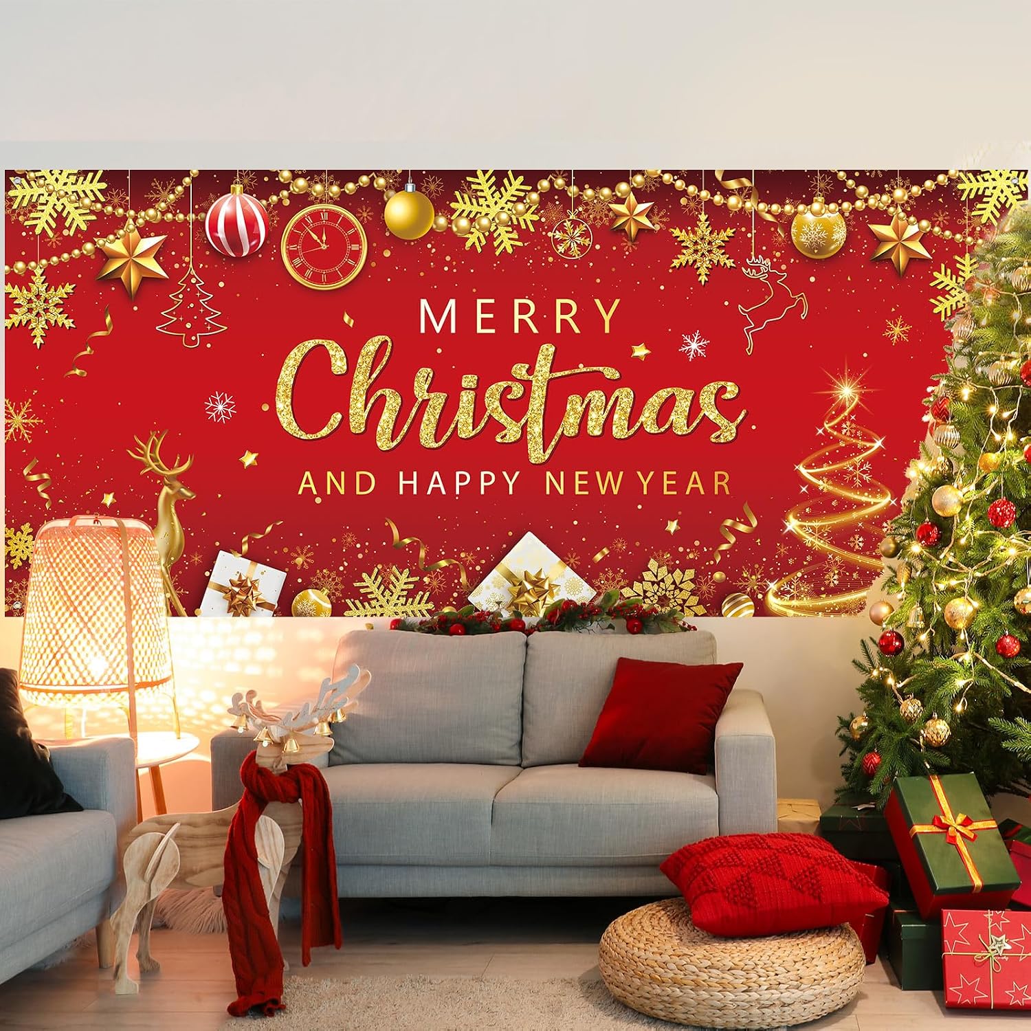 Blosssound Christmas Garage Door Cover Garage Door Banner Decorations Outdoor Large Christmas Backdrop Xmas Decor (7 x 16 ft,Red Gold)