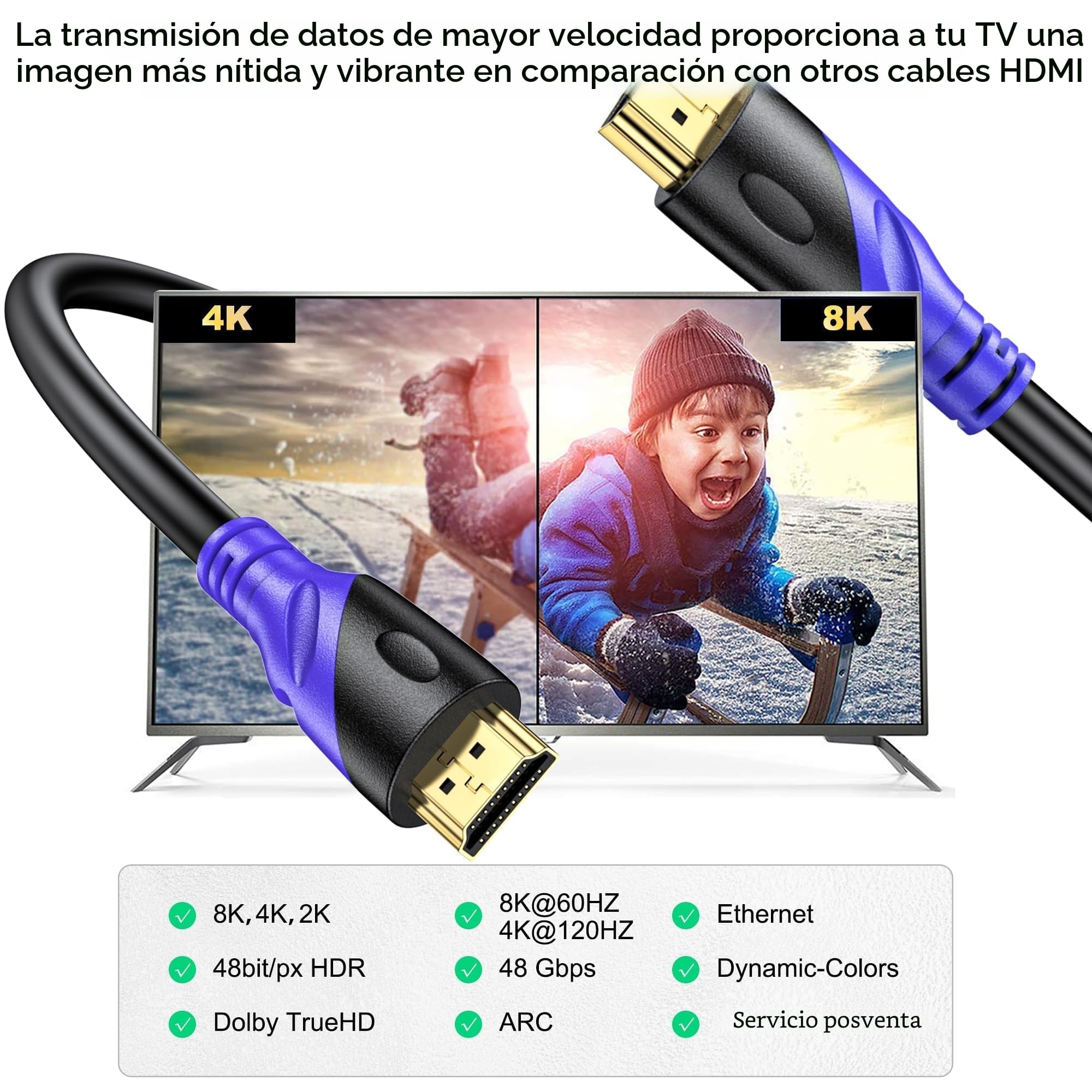 Cable HDMI 8K/4K 2M (HDMI 2.1,48Gbps,8K@60hz,4K@120hz) Conectores chapados en oro de ultra alta velocidad, Retorno de audio Ethernet, Video 4K, FullHD1080p 3D Compatible con Playstation Arc PC HDTV