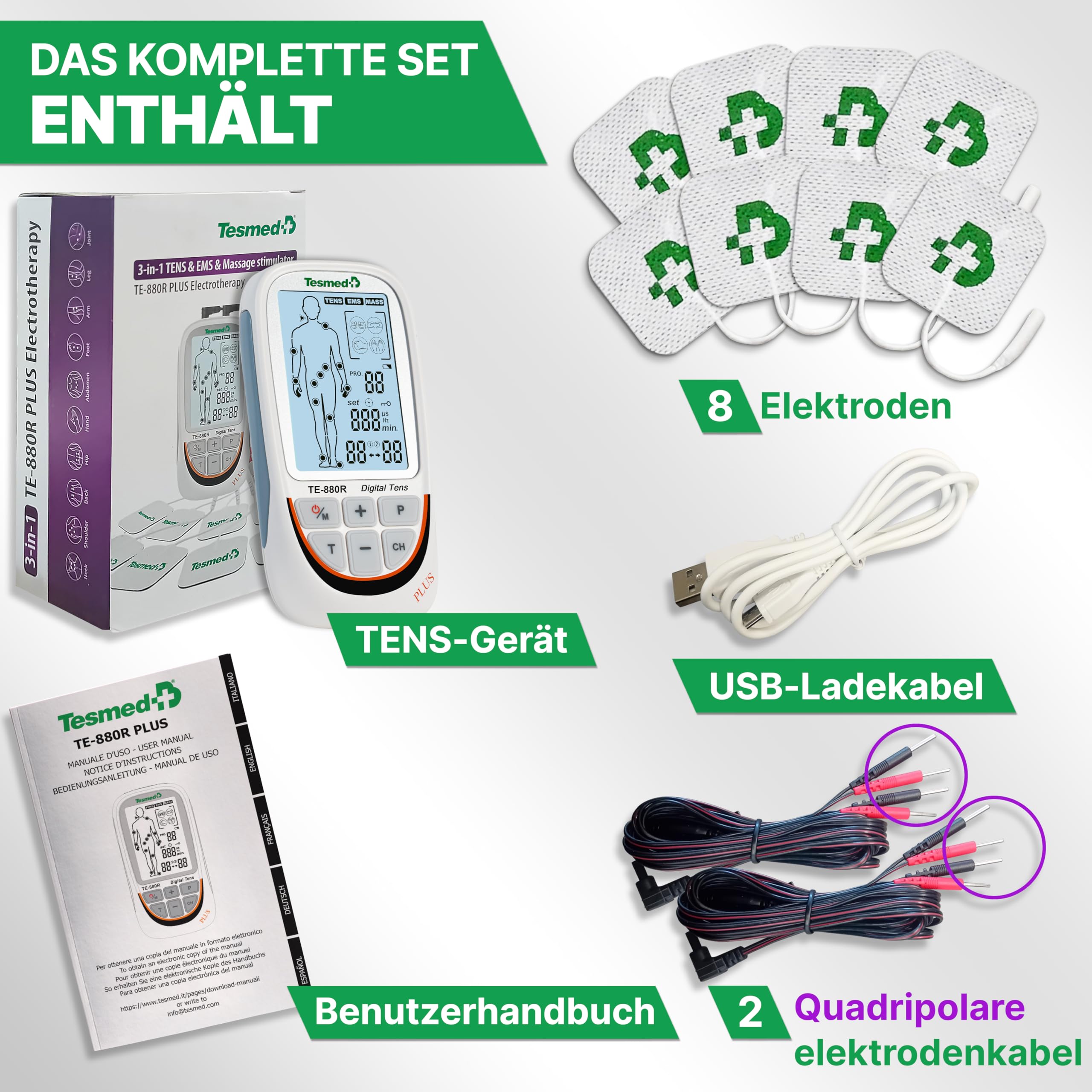 TESMED TE-880R Plus TENS, EMS & Massagegerät, Wiederaufladbar | 73 Programme, davon 2 anpassbar, und 8 Elektroden.