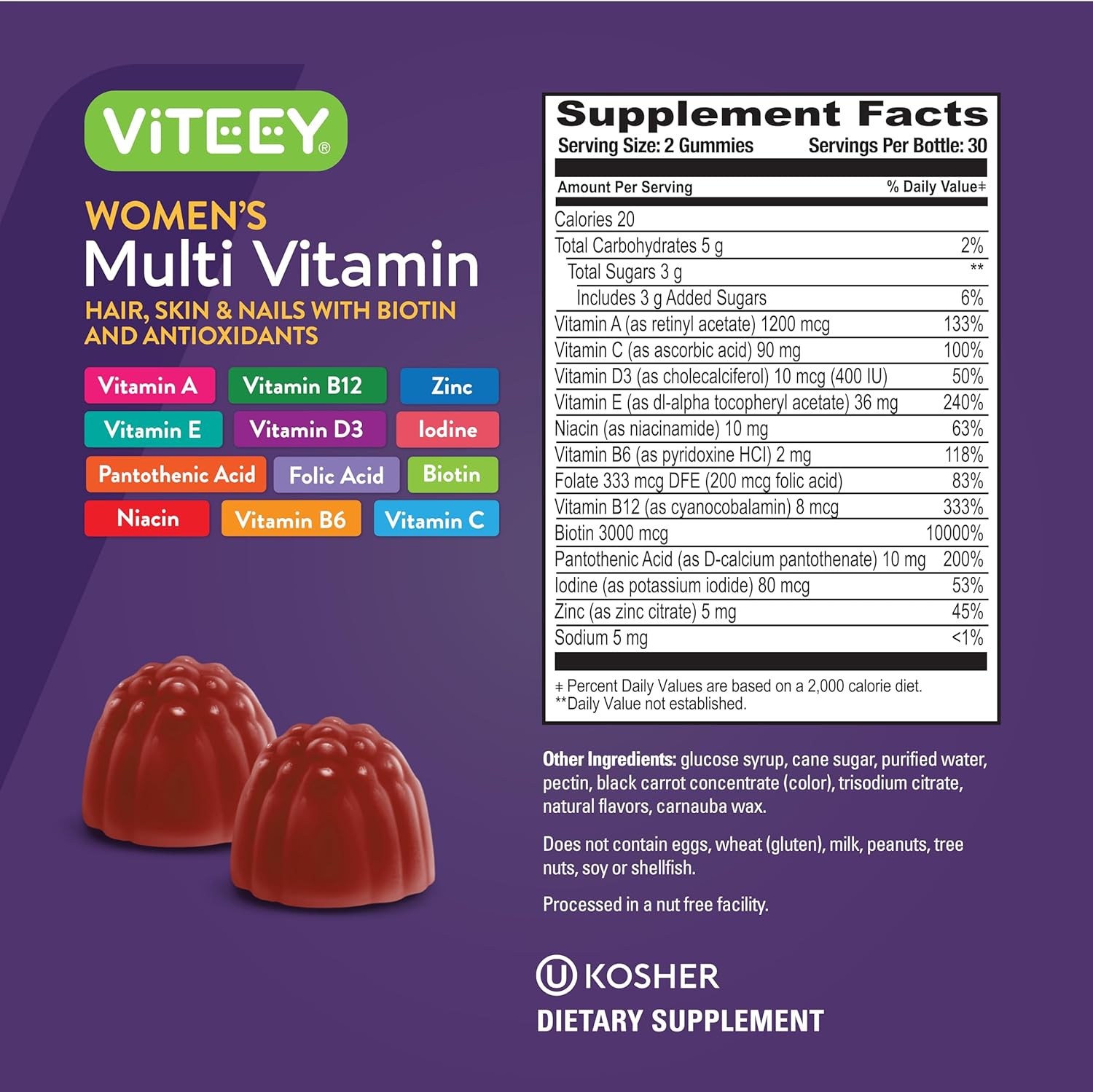 Viteey Womens Multivitamin Gummies - Immune Support - 12 in 1 Essential Vitamins & Minerals - Vitamin A, C, D3, E, B6, B12, Folic Acid, Biotin, Calcium, Zinc & More - Vegetarian - Raspberry Flavored - Image 4