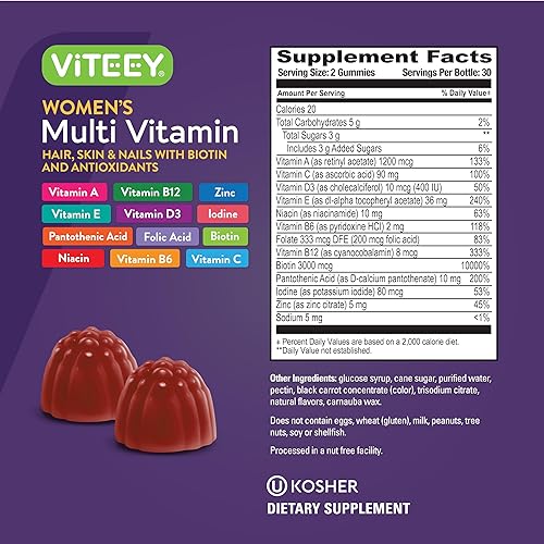 Miniatura 4 de Viteey Gomitas multivitamínicas para mujer, apoyo inmunológico, vitaminas y minerales esenciales 12 en 1, vitamina A, C, D3, E, B6, B12, ácido