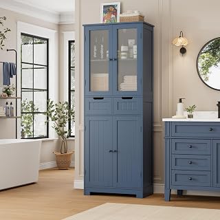 HORSTORS 67" H Bathroom Storage Cabinet, Blue Linen Cabinet with Drawers | Freestanding Bathroom Cabinet with Glass Door & Shelf, Modern Tall Storage Cabinet for Bathroom, Living Dining Room, Kitchen