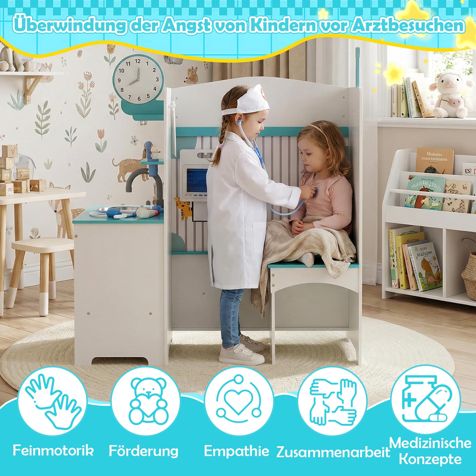 DREAMADE Doktor Spielset Holz, Krankenhaus Spielzeug für Kinder | Arztkoffer Arzt Rollenspielzeug mit Untersuchungszimmer & Waschbecken, Medizinisches Zentrum mit Check-in & Wartebereich