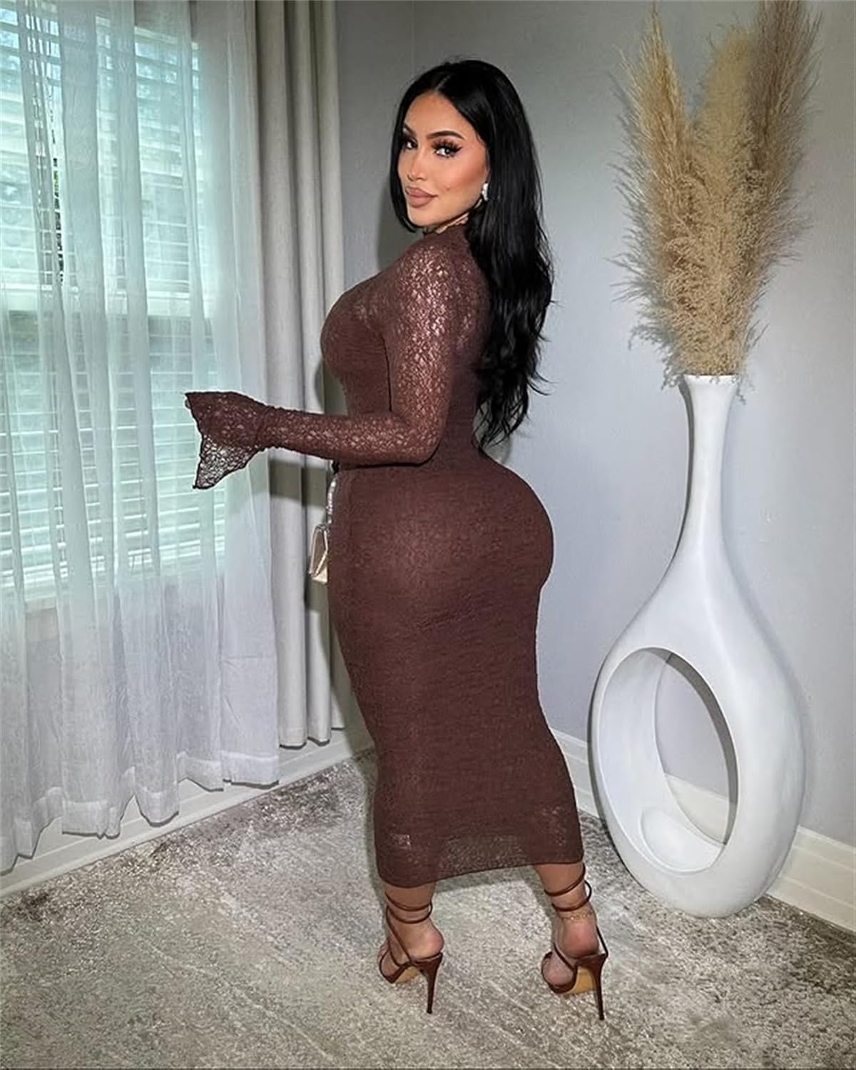 Women's Elegant Bodycon Midi Dress Lace Party Cocktail Wedding Guest Dress - Image 3