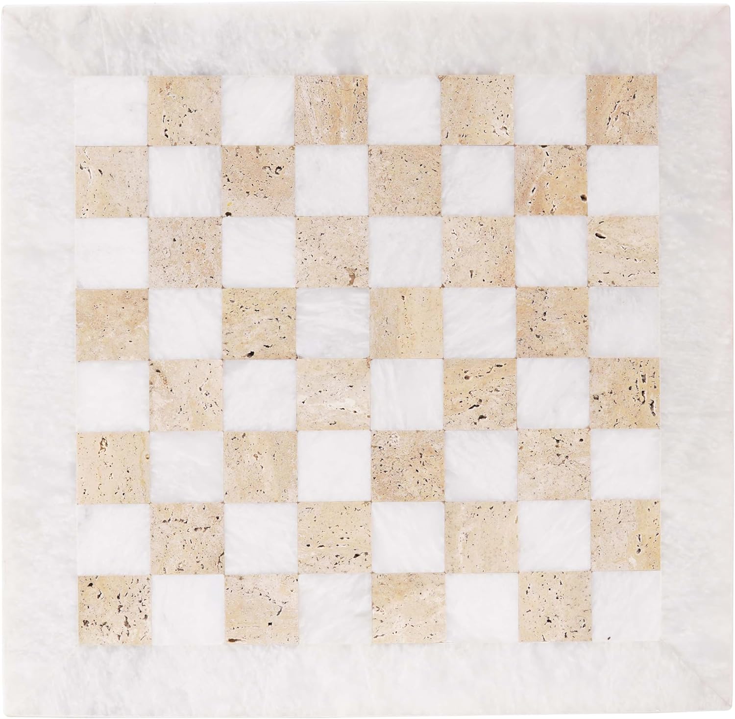 Marble Chess Board 15 Inch Handmade White and Travertine Stone Luxury Board Games for Adults - Ideal Marble Chess Board for Gifts, Travel, Tabletop Play & Home Decor