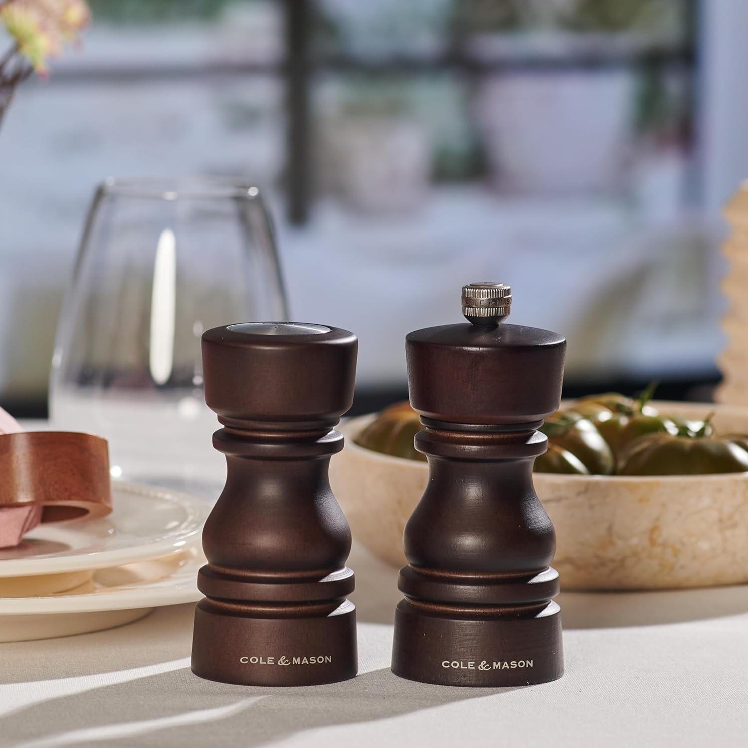 Cole & Mason London Wooden Shaker Gift Set - Refillable Salt & Pepper Grinder with Adjustable Grinding Mechanism - Chocolate Wood, 5" Salt & Pepper Gift Set