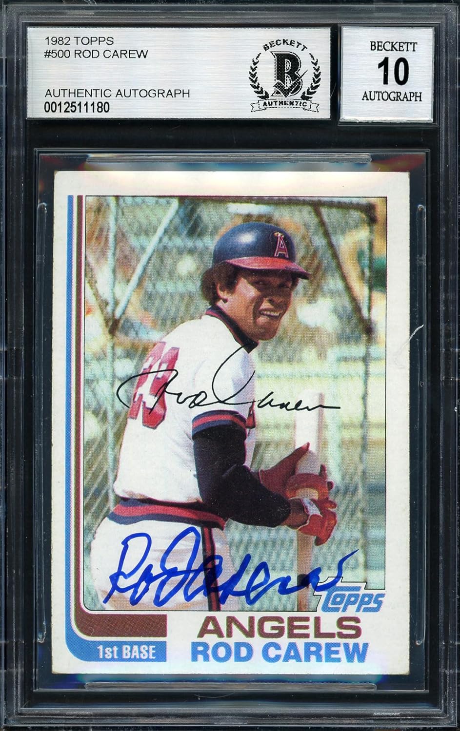 Rod Carew Autographed 1982 Topps Baseball Card #500 Auto Grade 10 Beckett BAS Stock #186051