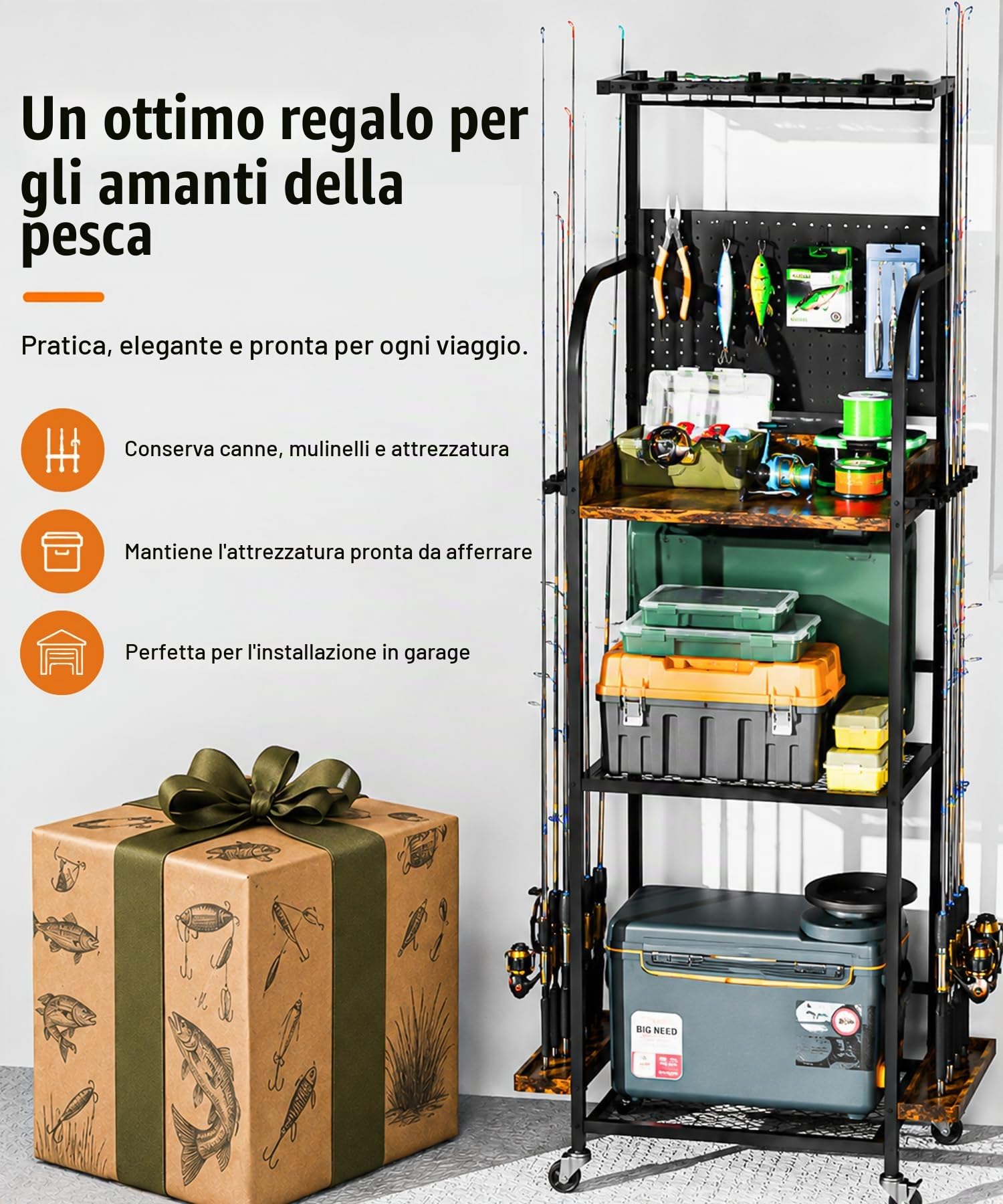 Yorbay Supporto per Canna da Pesca per 12 Canne con Ruote, Carrello Portaoggetti in Ferro con Gancio e Mensola per Riporre Accessori e Attrezzi da Pesca all'Aperto