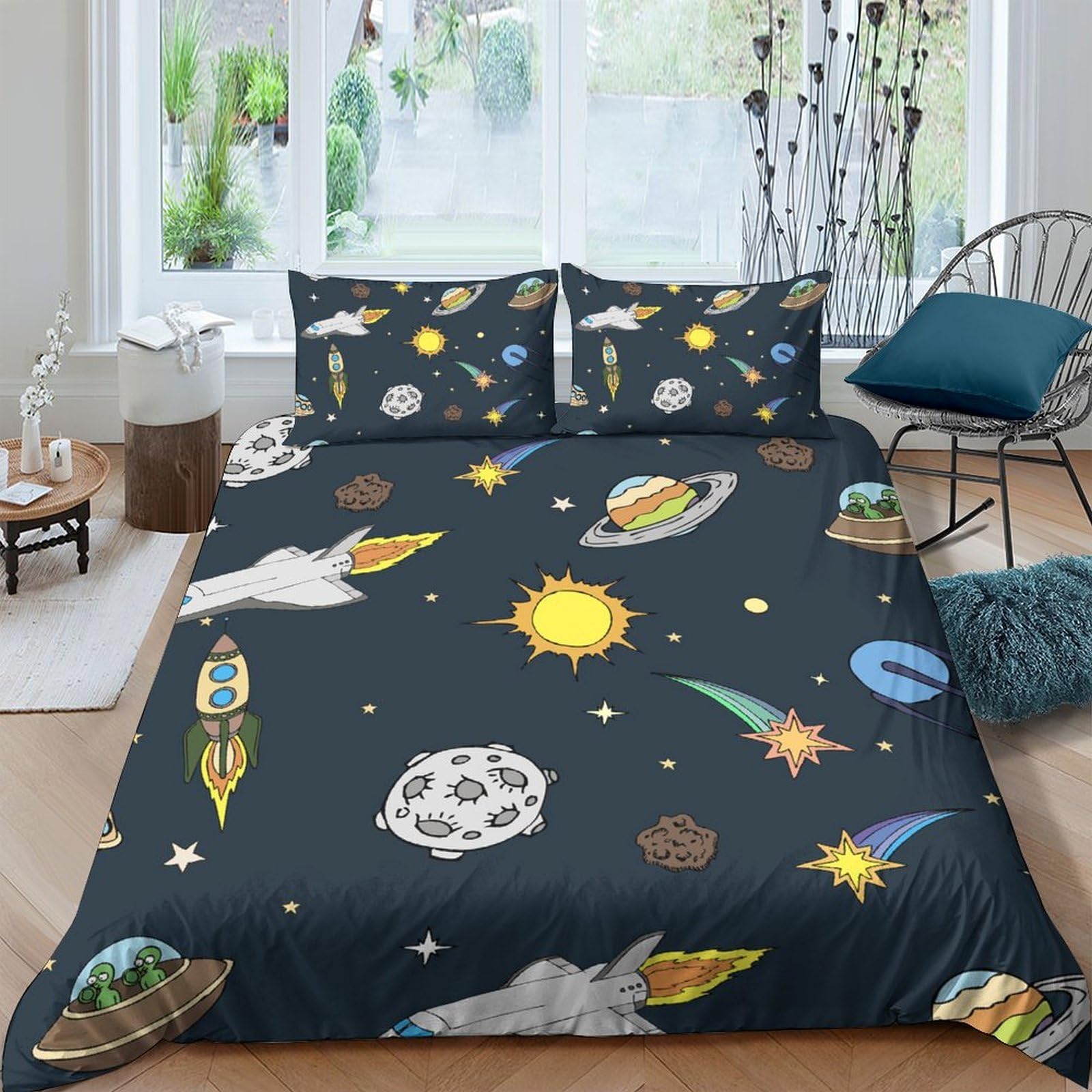 Ctjqhvkz Style-7 3D Printed Space Rocket Fitted Sheet Microfiber Soft Galaxy Planet Mattress Cover Bedroom Dorm Mattress Decor Single（135X200cm）