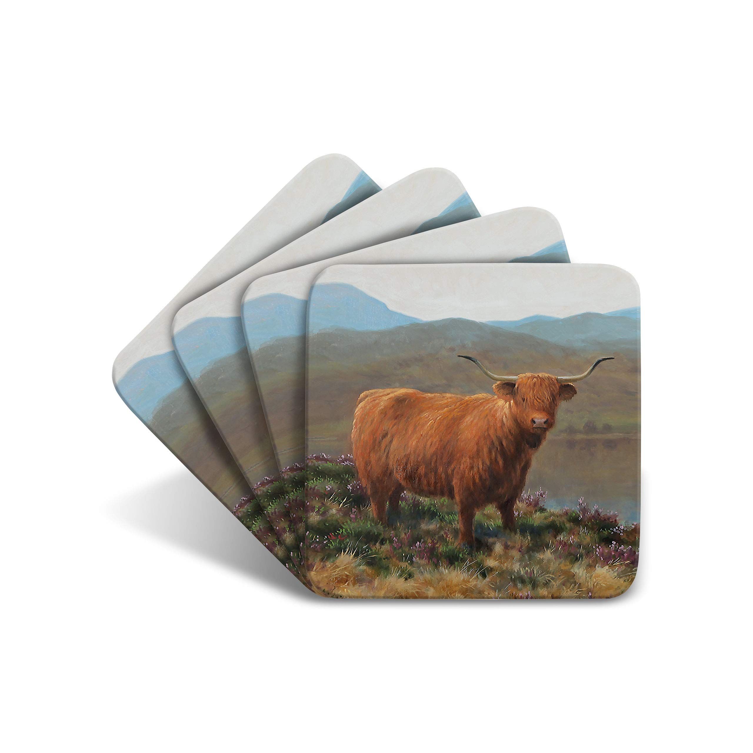 Highland Cattle Drinks Coasters by Wildlife Artist Julian Friers - Set of 4 Highland Cattle Coasters - Non-Slip, Cork Table Coasters