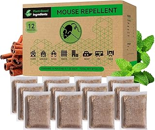 Natural Mouse Repellent Pouches (12-Pack) – Peppermint & Cinnamon Oil Rodent Deterrent – Plant-Based Mice Control for Indoor Use, Cars, RVs, Garages, and Pantries – Lasting Scent Barrier (12)