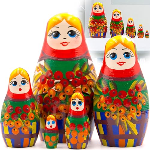 AEVVV Juego de 5 muñecas de anidación - Muñeca ucraniana con ramas de serbal - Muñeca Matryoshka con decoración de árbol de serbal - Motivos