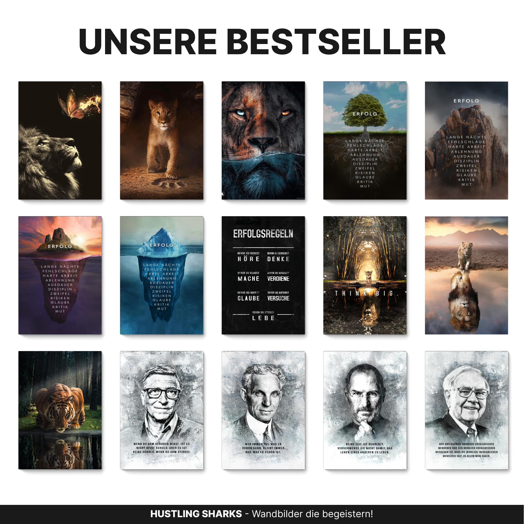 Hustling Sharks® Motivationsbild „Erfolgsregeln“ – Leinwand 40 × 60 cm | XXL Motivationsbild im Hochformat, Bilder Büro, Erfolg Bild, Bilder Spruch, Wanddeko Büro, Bilder Motivation