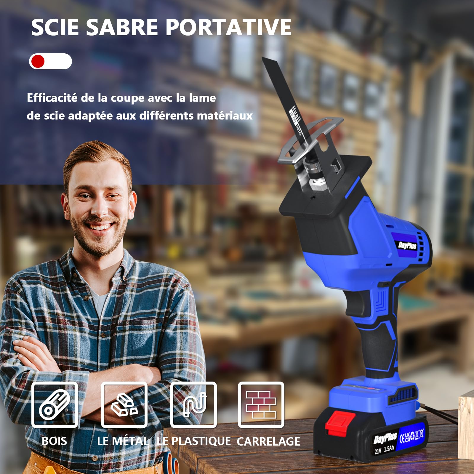 Scie Sabre Sans Fil 21V, 900W Scie Sabre,Vitesses Réglables 0-2800RPM,2×1.5Ah Batteries, 4 lames de scie,Lumière LED, changement de lame de scie sans outil, pour couper le bois et le métal