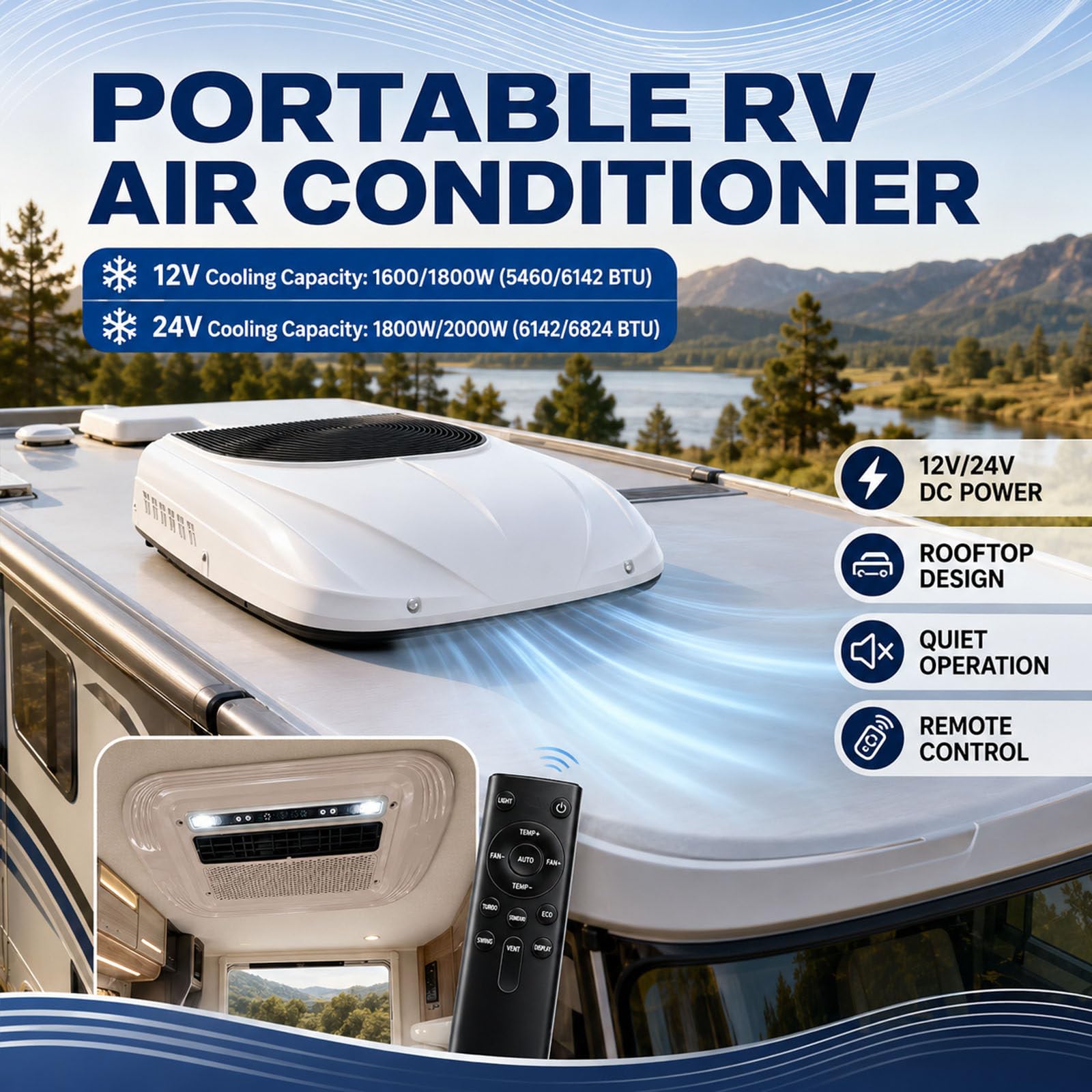 Klimatyzator dachowy Dc, Przenośny klimatyzator do kampera, zdalne sterowanie i LED, klimatyzacja parkowania DC do kabiny ciężarówki, Camper 24v-1800w