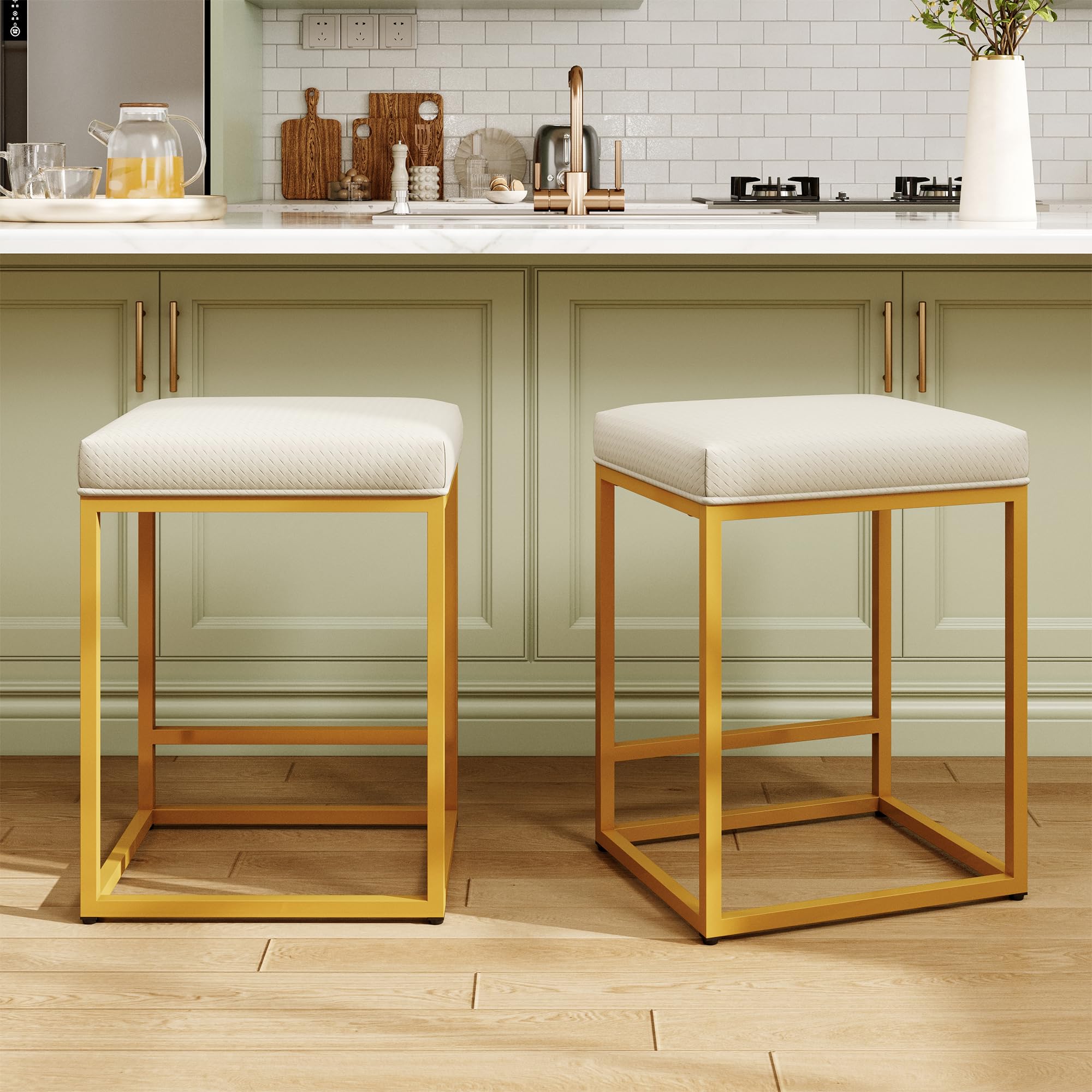 MAISON ARTS White & Gold Counter Height 24" Bar Stools Set of 2 for Kitchen Counter Modern Barstools Upholstered Faux Leather Square Stools Backless Farmhouse Island Chairs, 24 Inch Height