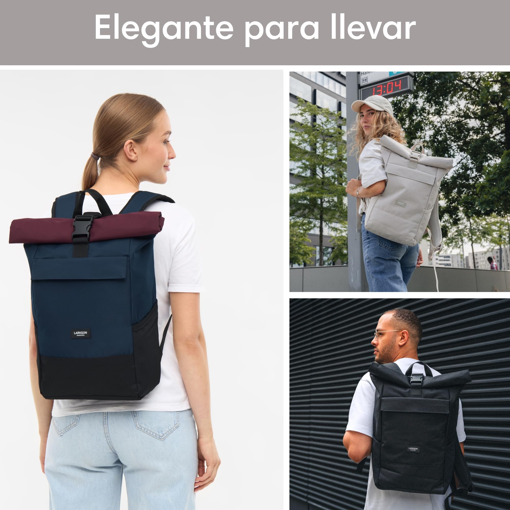 LARKSON Mochila Enrollable Hombre & Mujer - No 4 - Macuto para Viaje, Uni, Trabajo - de Botellas Pet Recicladas - Bolso para Portátil - Impermeable