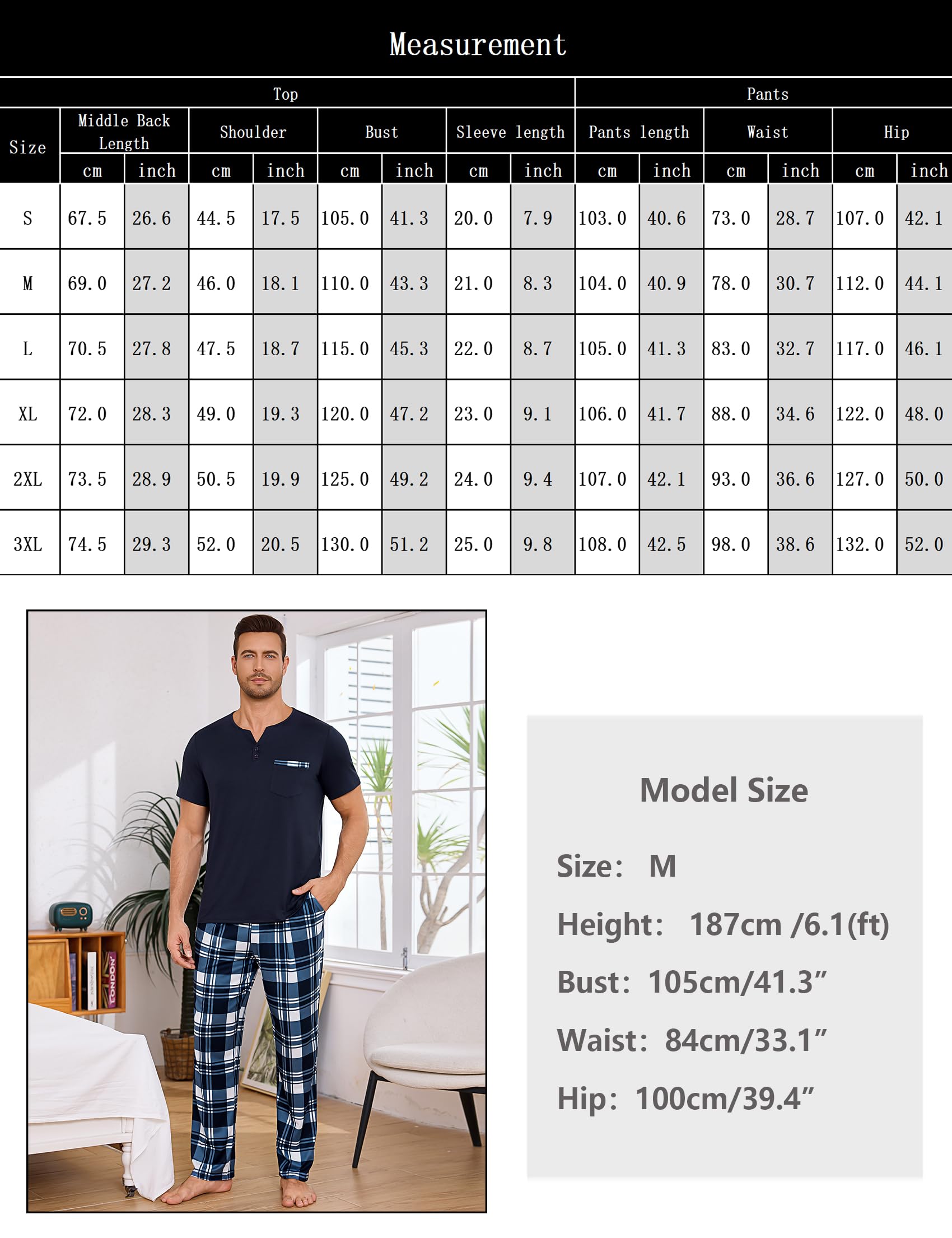 Bresdk Schlafanzug Herren Lang Pyjama Set Baumwolle Warm Zweiteilige Kariert Nachtwäsche mit Kurzarm Oberteil und Lange Pyjamahose