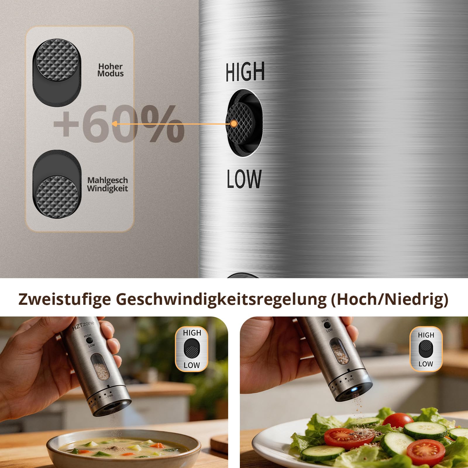 Elektrische Salz und Pfeffermühle Set für Hobbyköche, Einhand-Bedienung | 6 Mahlgrade (fein bis grob), Ladestation mit USB-aufladbar, Keramikmahlwerk, BBQ & Geschenkset, LED-Licht, Edelstahl