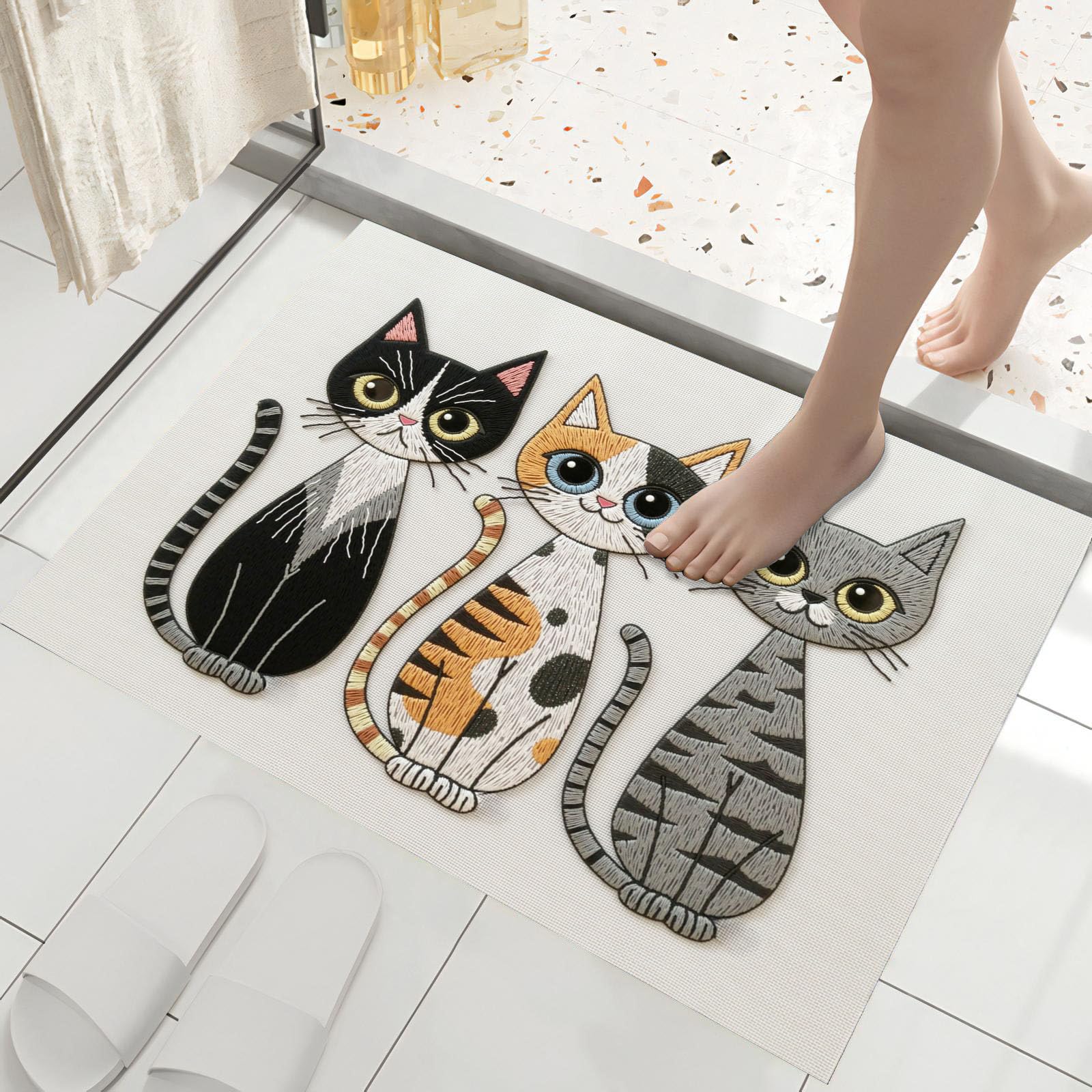 Fussmatte Innen 80X120Cm Beige Niedliches Katzenmotiv Fußmatte Innen rutschfeste Für Hund Eingang Badematte Gestickte Tiertextur Waschbar Schmutzfangmatte Fussmatten Haustür Türmatte