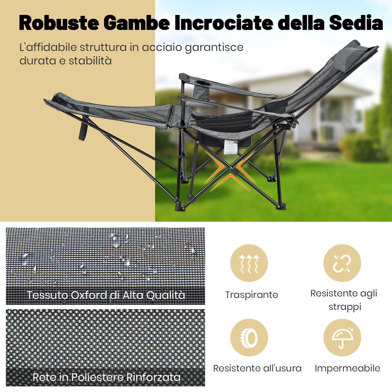 GYMAX Sedia da Campeggio, Sdraio da Spiaggia Pieghevole con Poggiapiedi Staccabile, Schienale Regolabile, Porta Bevande, Poggiatesta e Borsa da Trasporto, Sedia Reclinabile per Parco Patio(Grigio)