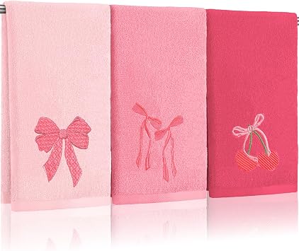 FuWeave 3 Pcs Pink Hand Towels for Bathroom Coquette Bow Embroidered Decorative Towel 100% Cotton Soft Absorbent Kitchen Facecloth Preppy Bathroom Decor Bridal Shower Wedding Gift 13.7 x 29.5