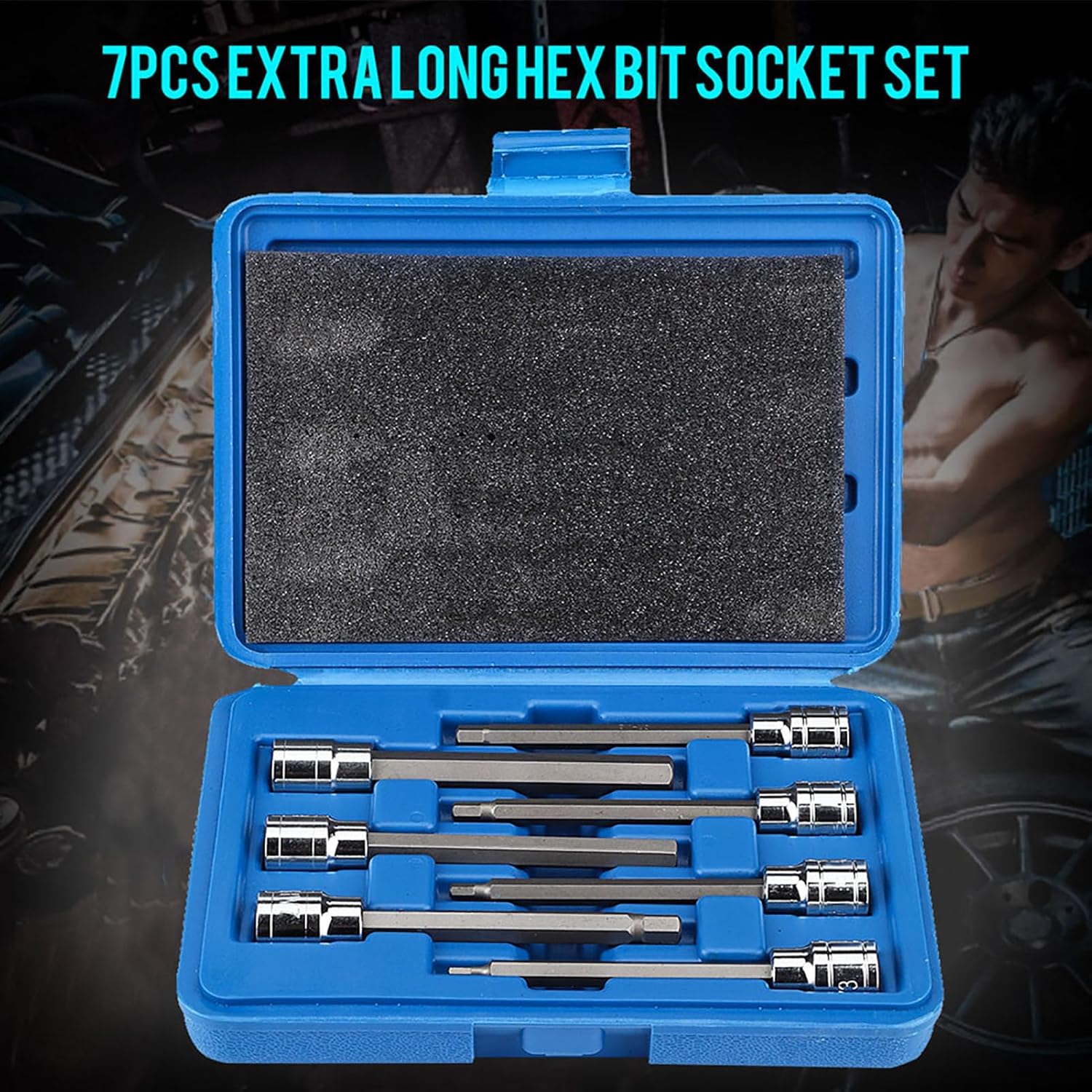 7 Piece Hex Bit Set, Extra Long Hex Bit Socket Set, Security Bit Set with Storage Case 3/4/5/6/7/8/10 mm Drive Repair Tool Kit