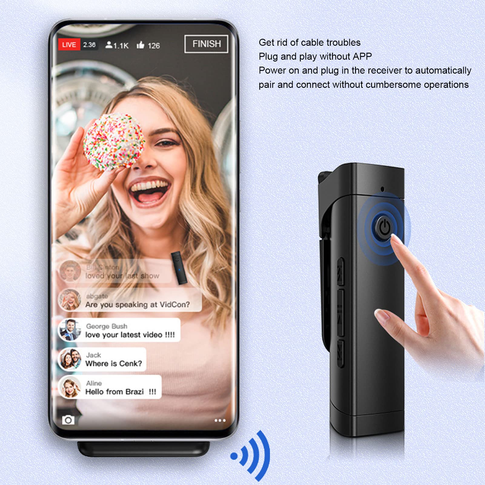 Microfono a Bavero Lavalier Wireless, Plug and Play, Pickup Omnidirezionale a 360°, Segnale Stabile, Microfono a Condensatore Portatile con Riduzione Del Rumore per Registrazione Video, Intervista